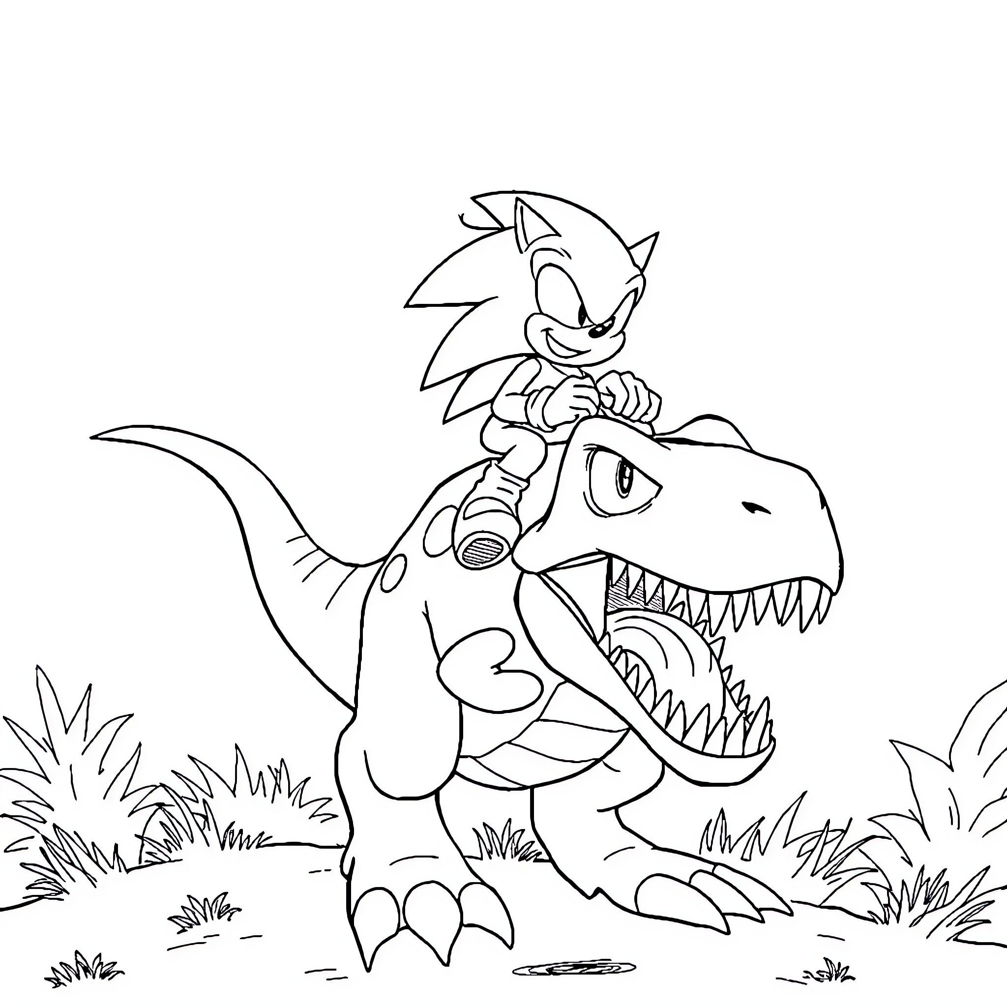 Sonic riding a playful dinosaur in the wild Coloring Page (free black-and-white line drawing printable PDF for all, from beginners to advanced learners, including children, teens, adults, and seniors)