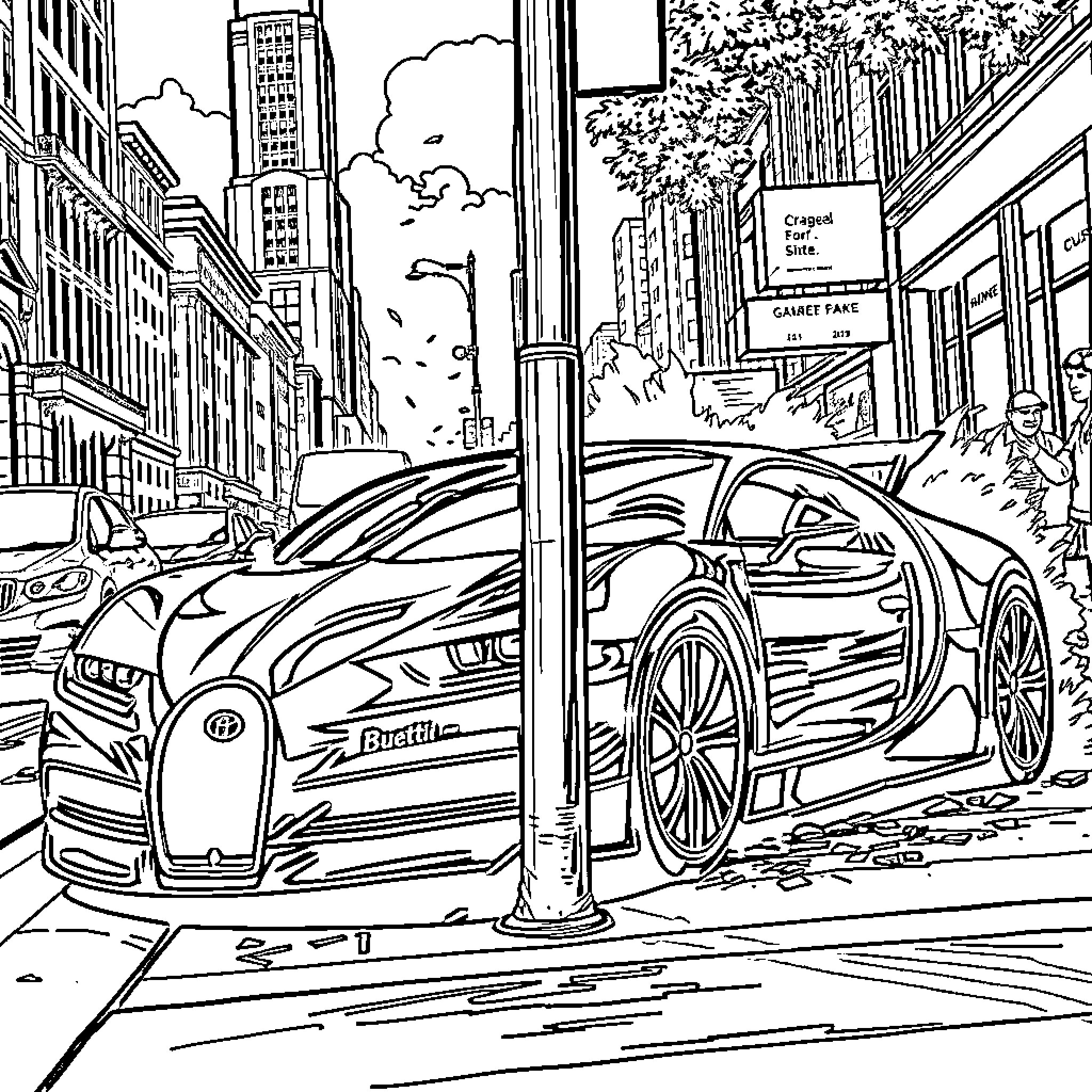 Bugatti Supercar in Busy Urban City Scene Coloring Page (free black-and-white line drawing printable PDF for all, from beginners to advanced learners, including children, teens, adults, and seniors)