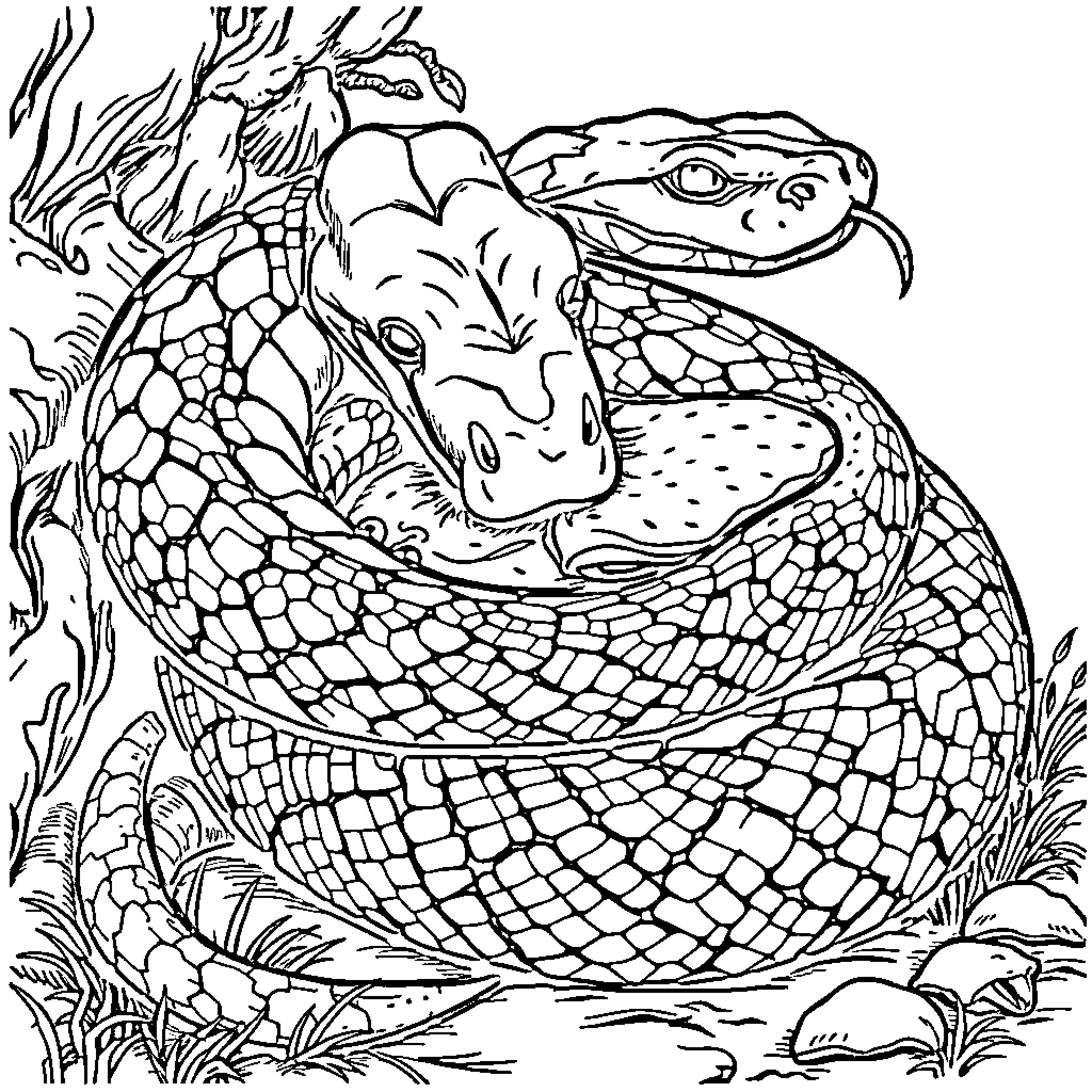 Snake Coiled Tightly in Nature's Grasp Coloring Page (free black-and-white line drawing printable PDF for all, from beginners to advanced learners, including children, teens, adults, and seniors)