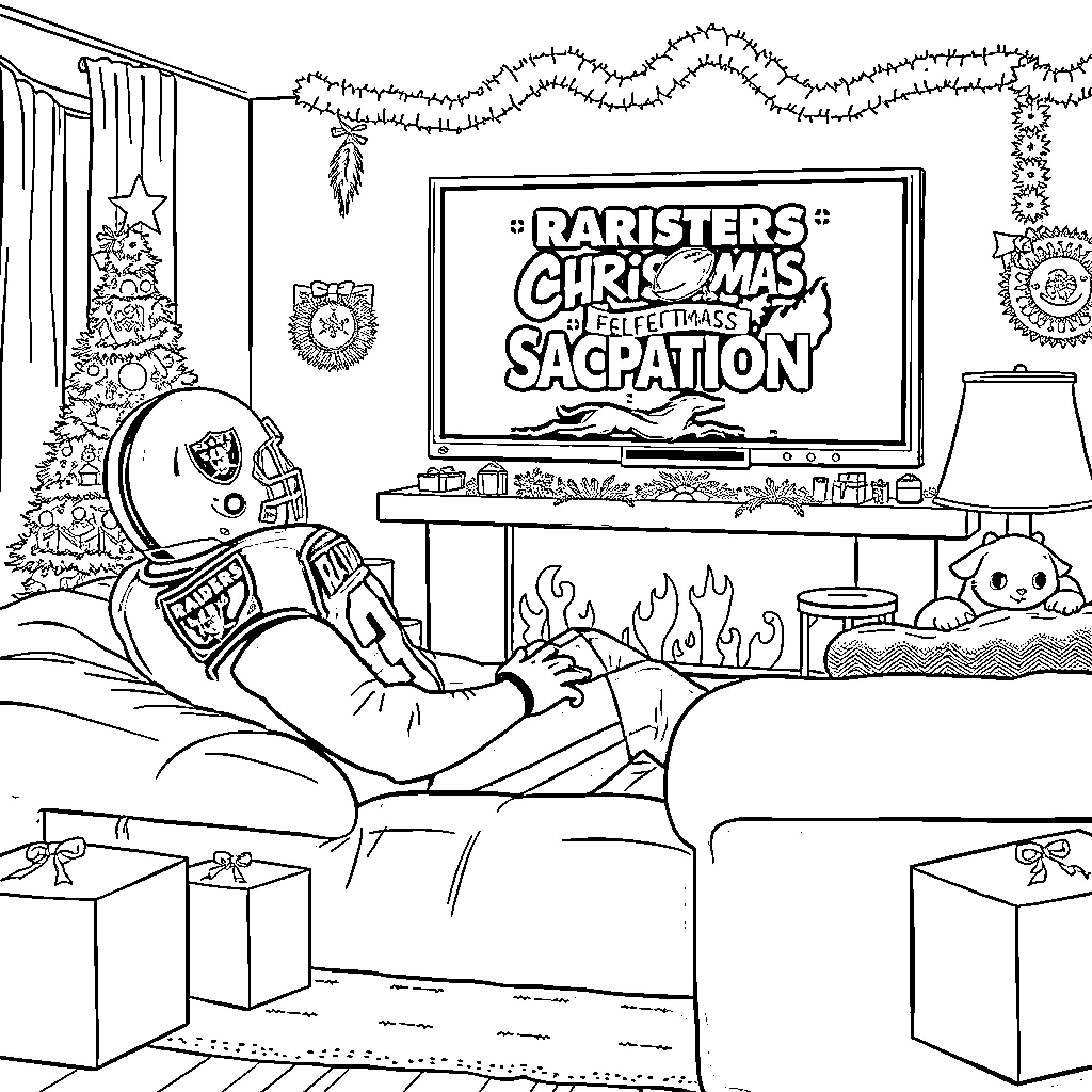 Raider enjoying holiday entertainment at home Coloring Page (free black-and-white line drawing printable PDF for all, from beginners to advanced learners, including children, teens, adults, and seniors)