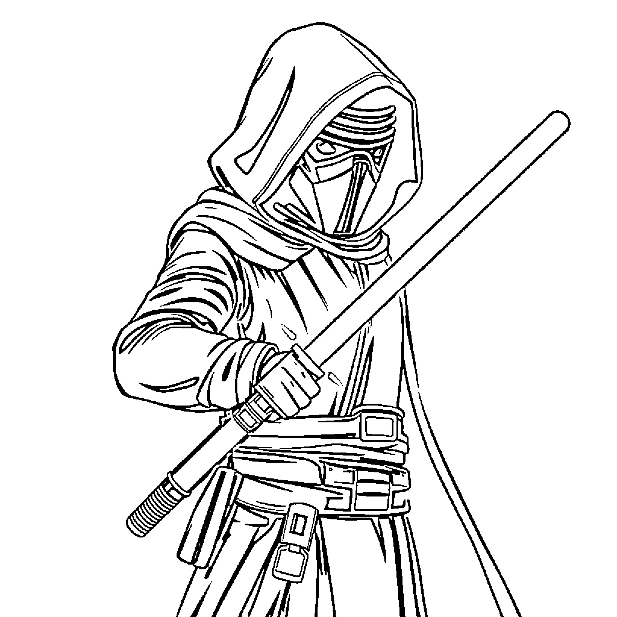 Kylo Ren wielding his lightsaber in a menacing pose Coloring Page (free black-and-white line drawing printable PDF for all, from beginners to advanced learners, including children, teens, adults, and seniors)