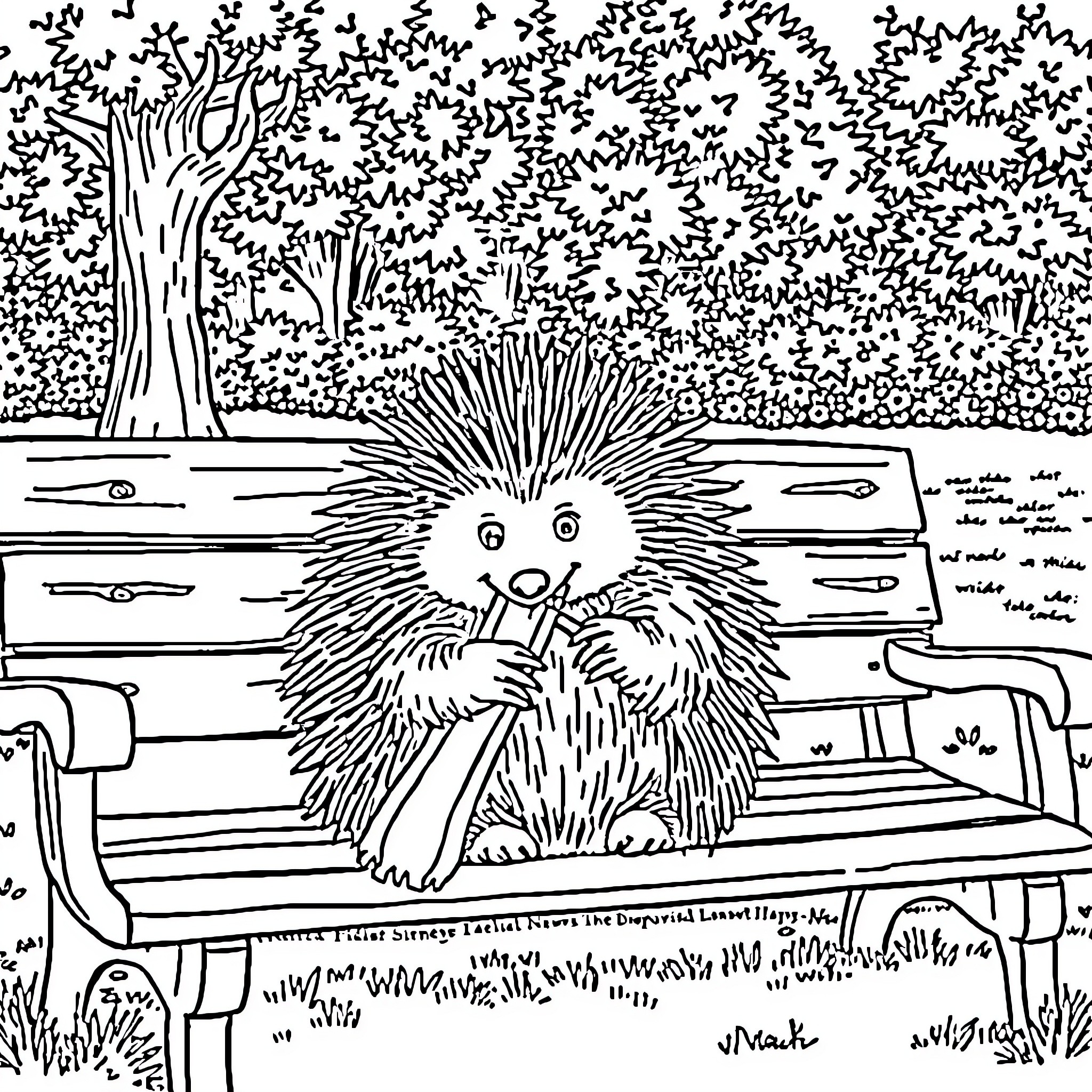 Porcupine sitting on a bench in the park Coloring Page (free black-and-white line drawing printable PDF for all, from beginners to advanced learners, including children, teens, adults, and seniors)