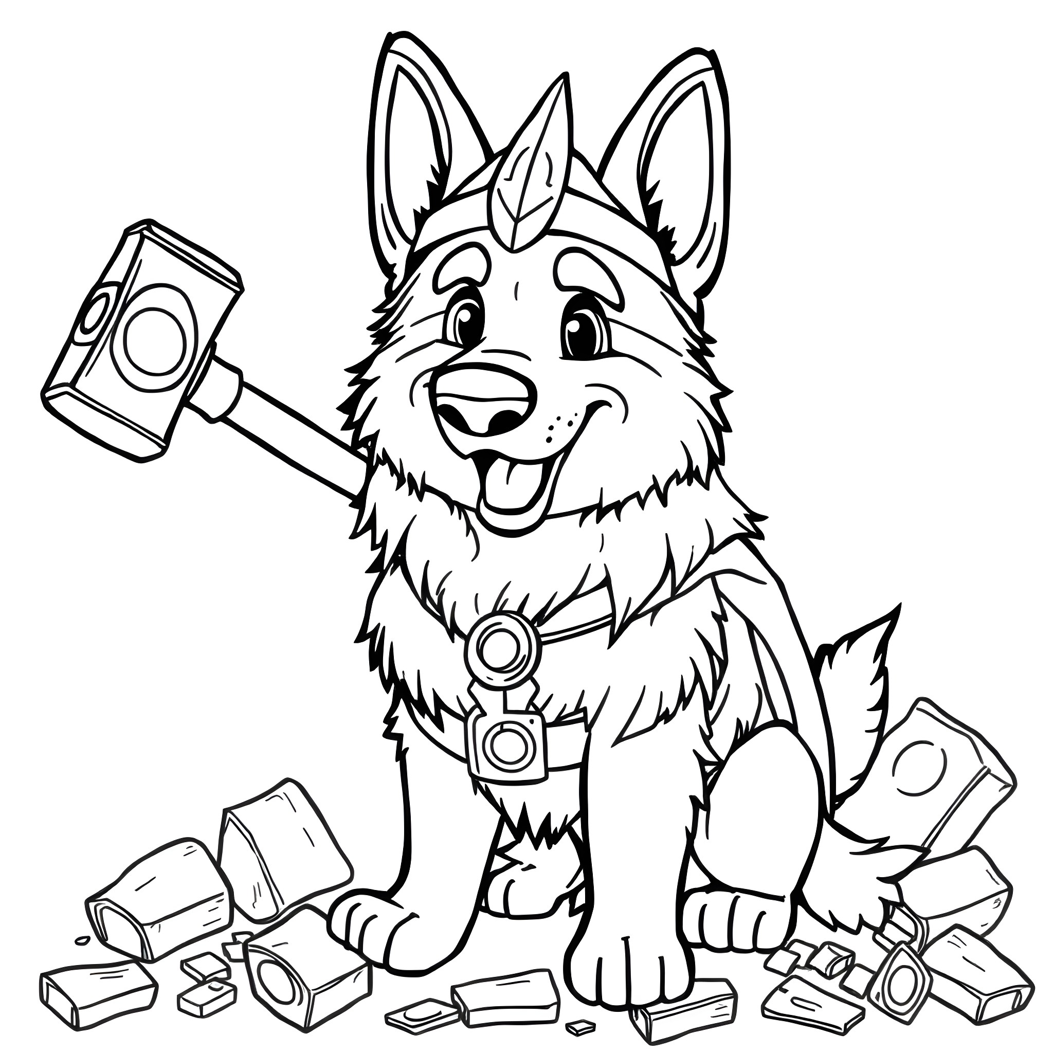 German Shepherd playing happily with video equipment Coloring Page (free black-and-white line drawing printable PDF for all, from beginners to advanced learners, including children, teens, adults, and seniors)