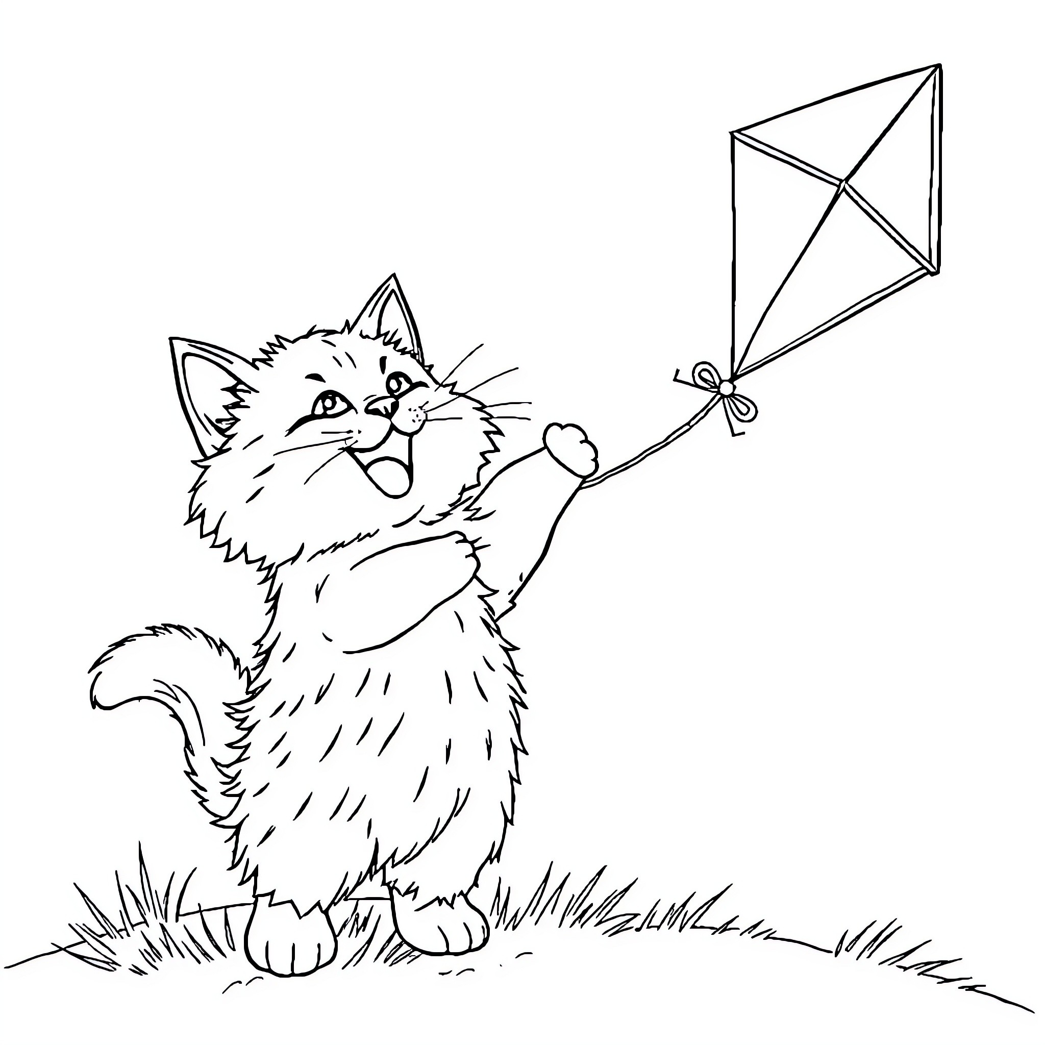 Cat playing with kite on grassy field Coloring Page (free black-and-white line drawing printable PDF for all, from beginners to advanced learners, including children, teens, adults, and seniors)