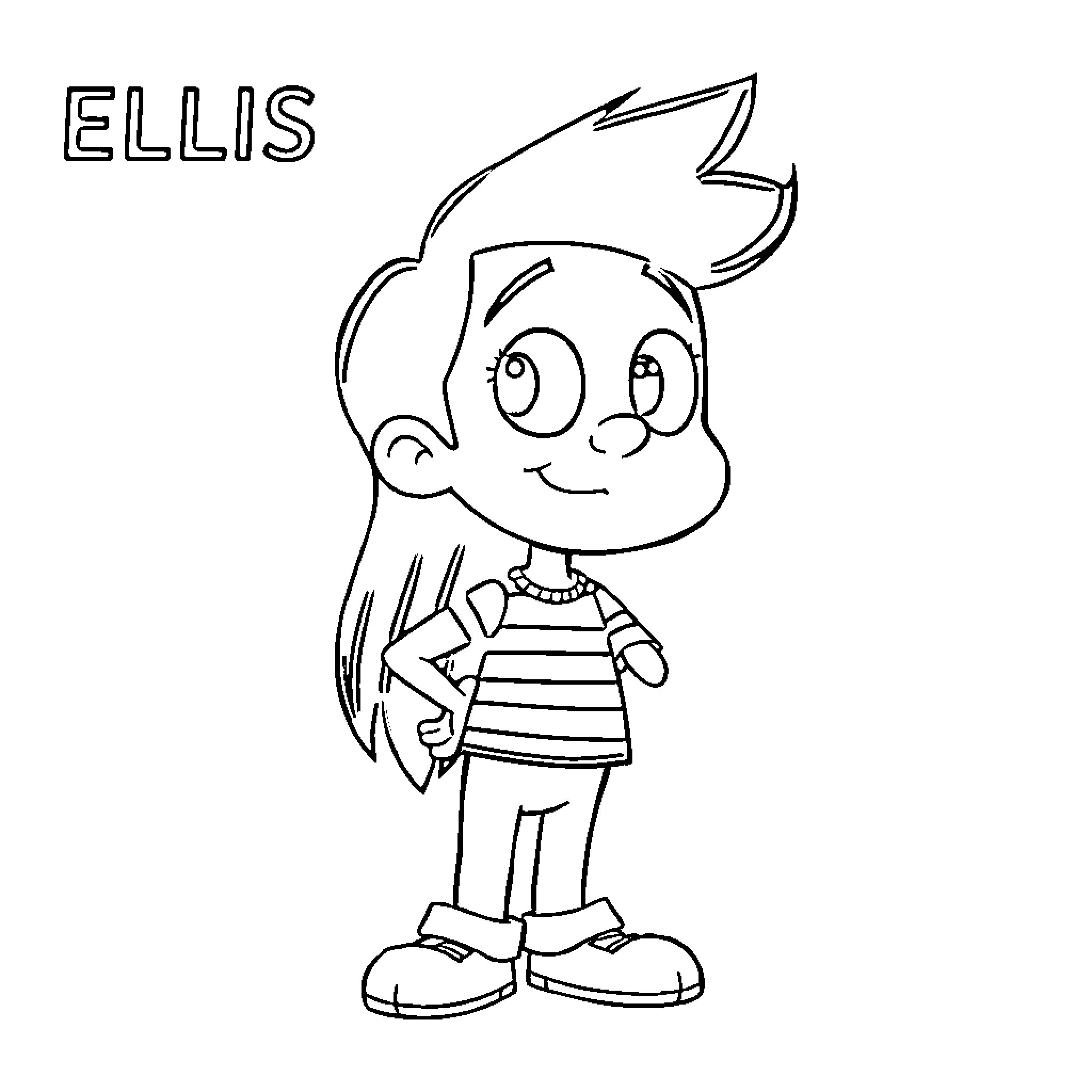 Ellis, a cheerful cartoon character Coloring Page (free black-and-white line drawing printable PDF for all, from beginners to advanced learners, including children, teens, adults, and seniors)