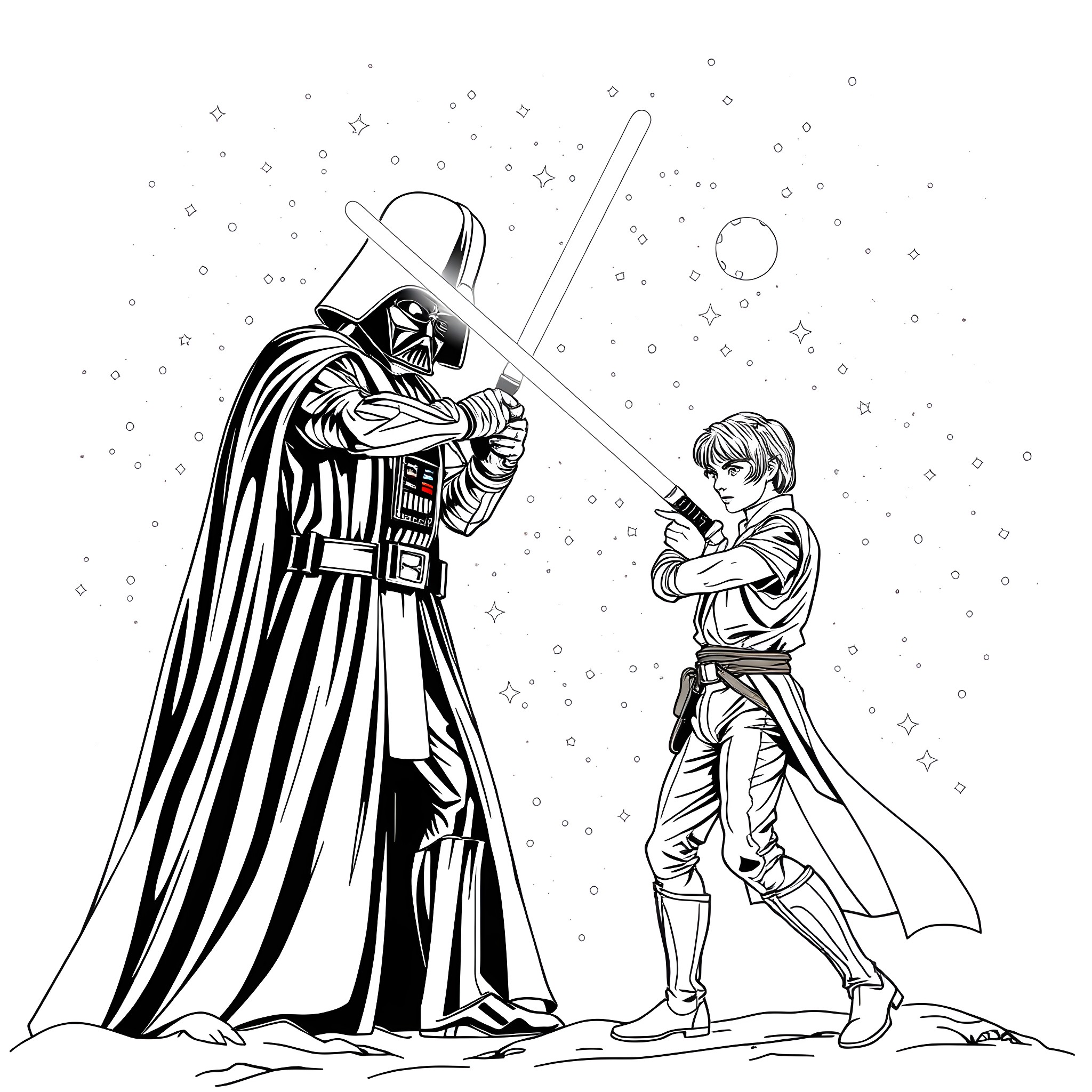 Darth Vader facing off against a young Jedi warrior Coloring Page (free black-and-white line drawing printable PDF for all, from beginners to advanced learners, including children, teens, adults, and seniors)