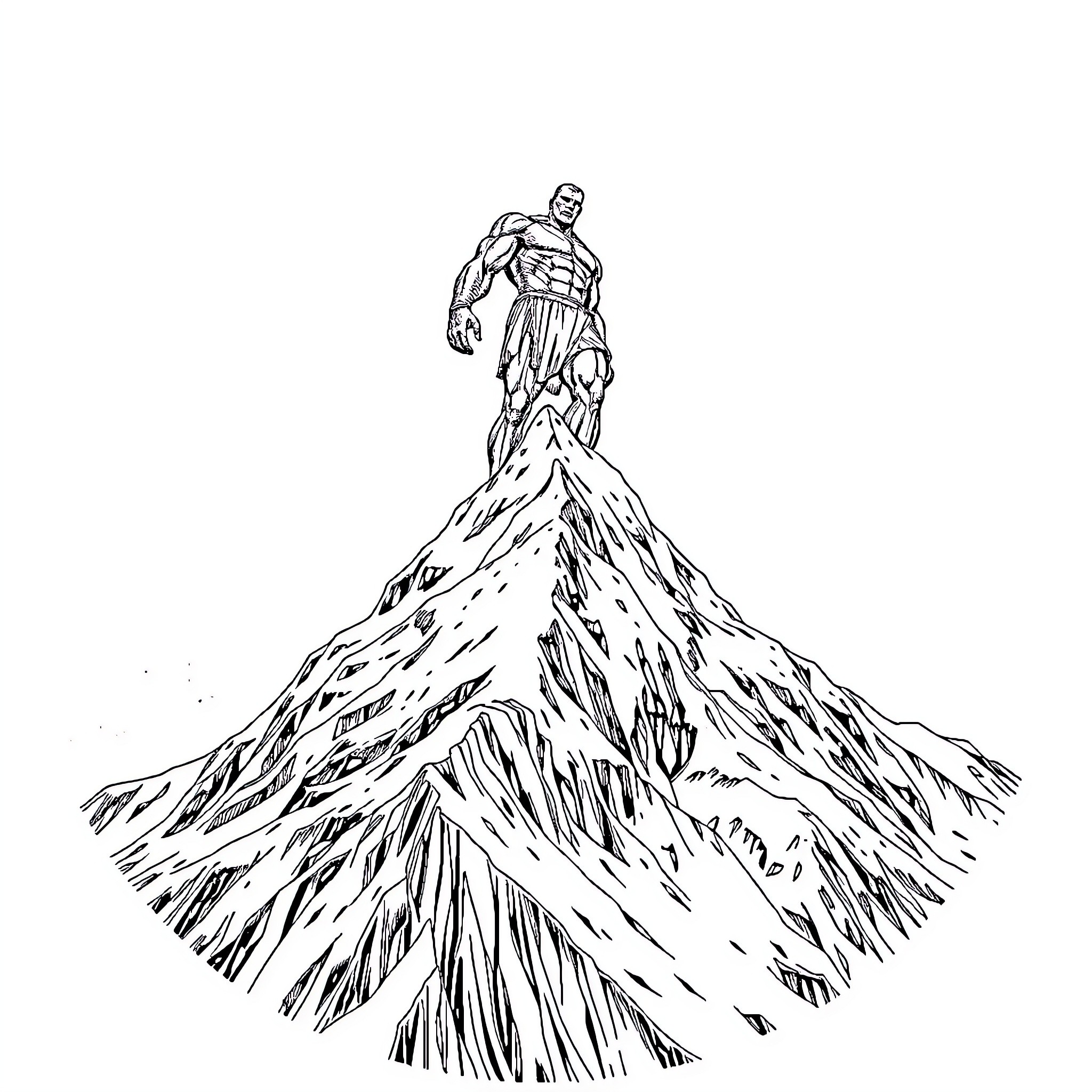 Titan standing atop a rocky mountain peak Coloring Page (free black-and-white line drawing printable PDF for all, from beginners to advanced learners, including children, teens, adults, and seniors)