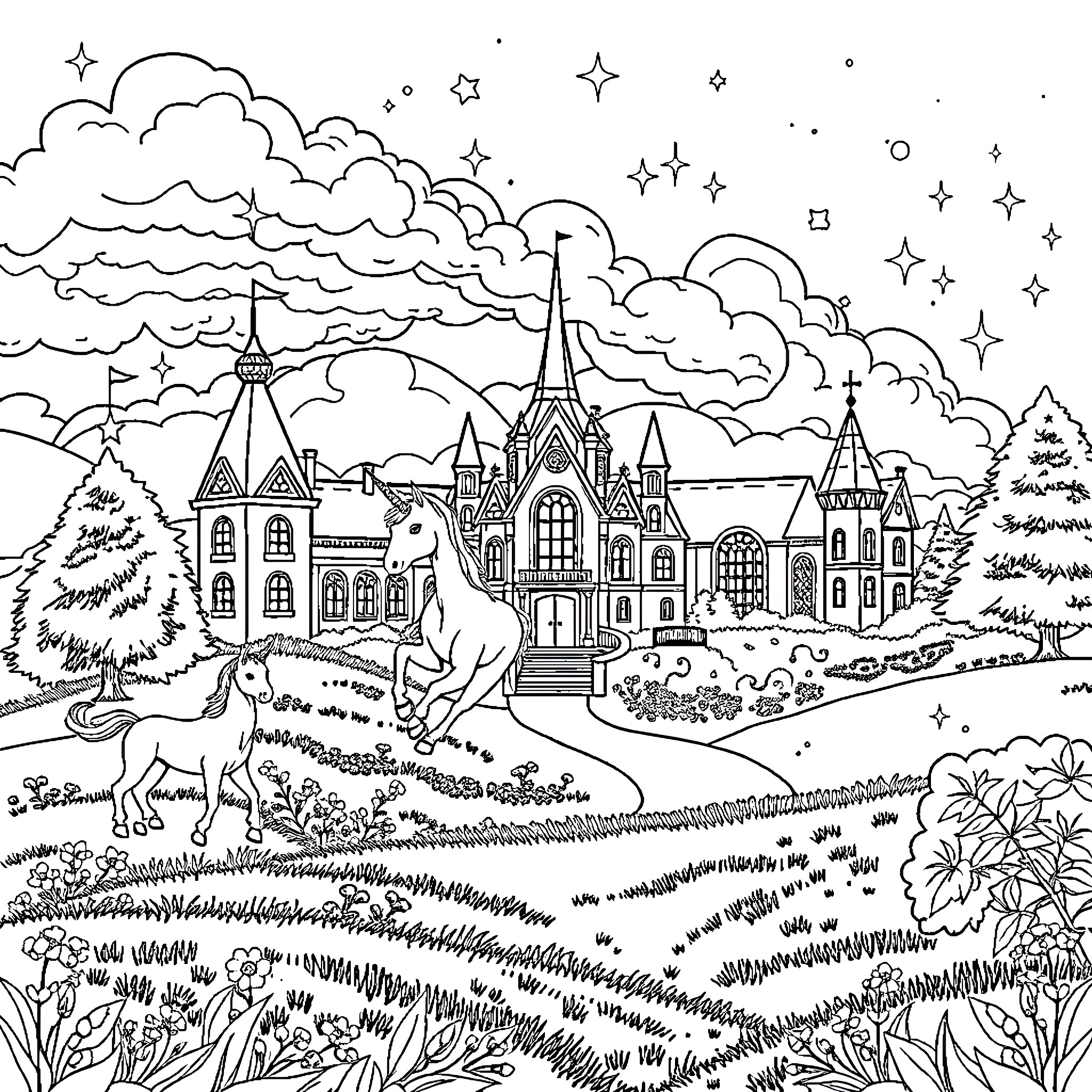 Unicorn Enchanted Castle in Starry Night Coloring Page (free black-and-white line drawing printable PDF for all, from beginners to advanced learners, including children, teens, adults, and seniors)