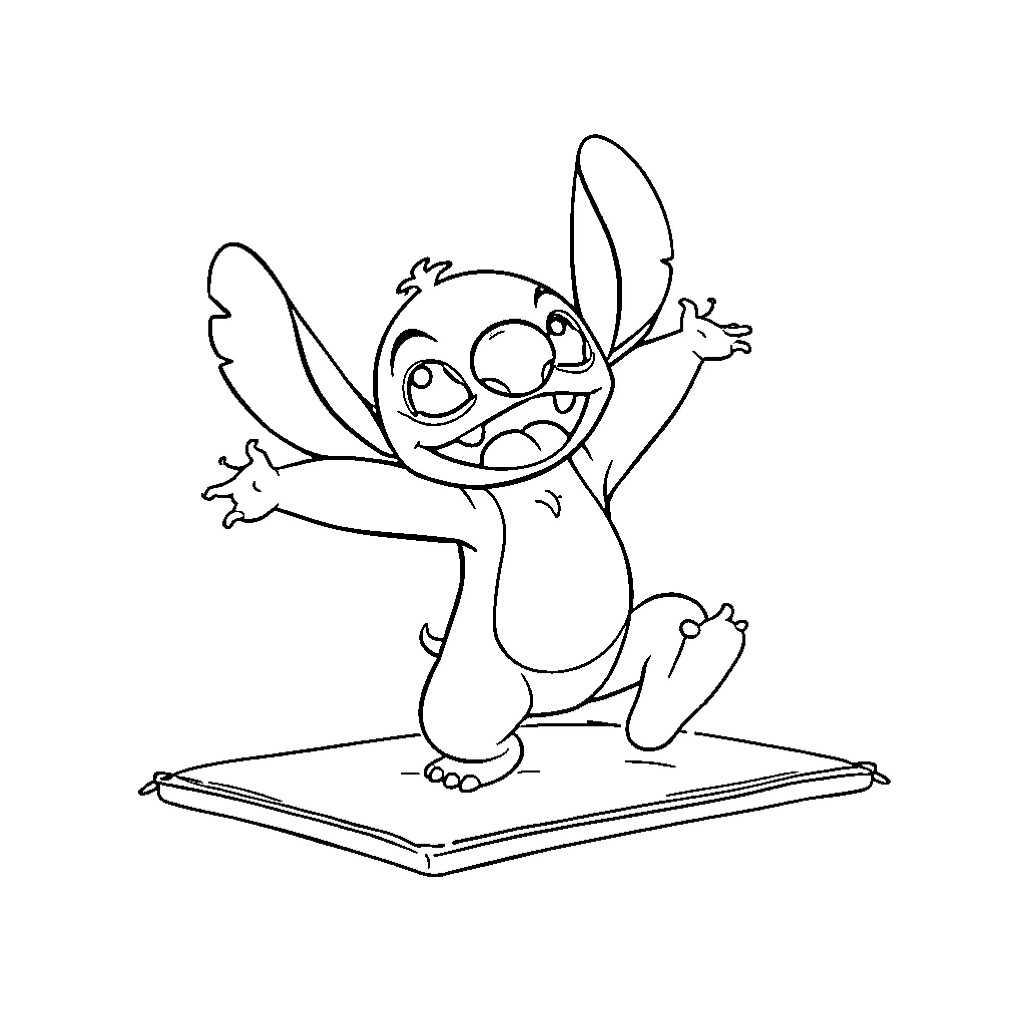 Stitch jumping excitedly on tablet Coloring Page (free black-and-white line drawing printable PDF for all, from beginners to advanced learners, including children, teens, adults, and seniors)