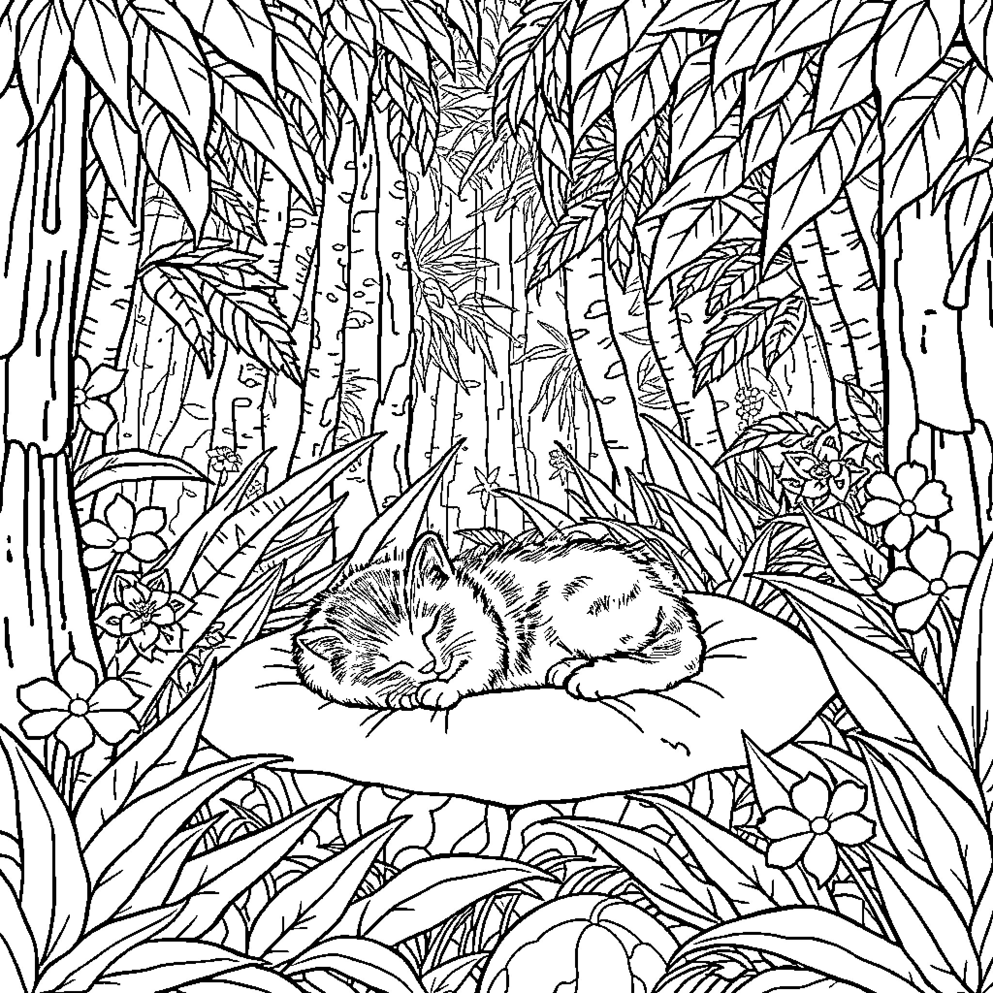 Cat napping peacefully in lush forest Coloring Page (free black-and-white line drawing printable PDF for all, from beginners to advanced learners, including children, teens, adults, and seniors)