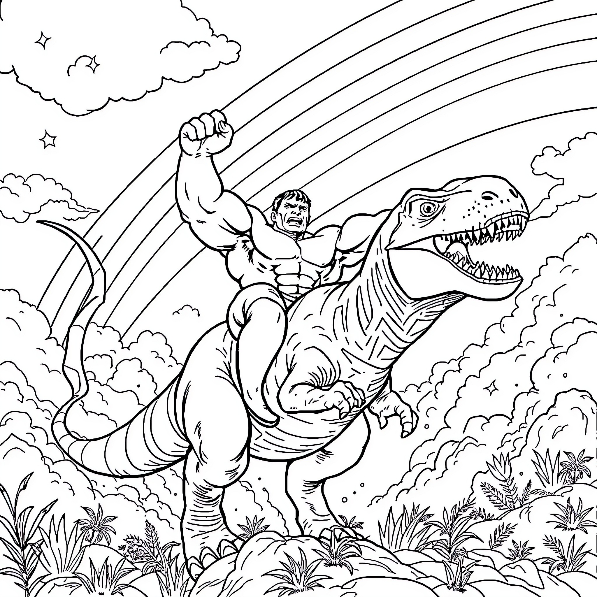 Hulk riding a powerful dinosaur amidst a vibrant landscape Coloring Page (free black-and-white line drawing printable PDF for all, from beginners to advanced learners, including children, teens, adults, and seniors)