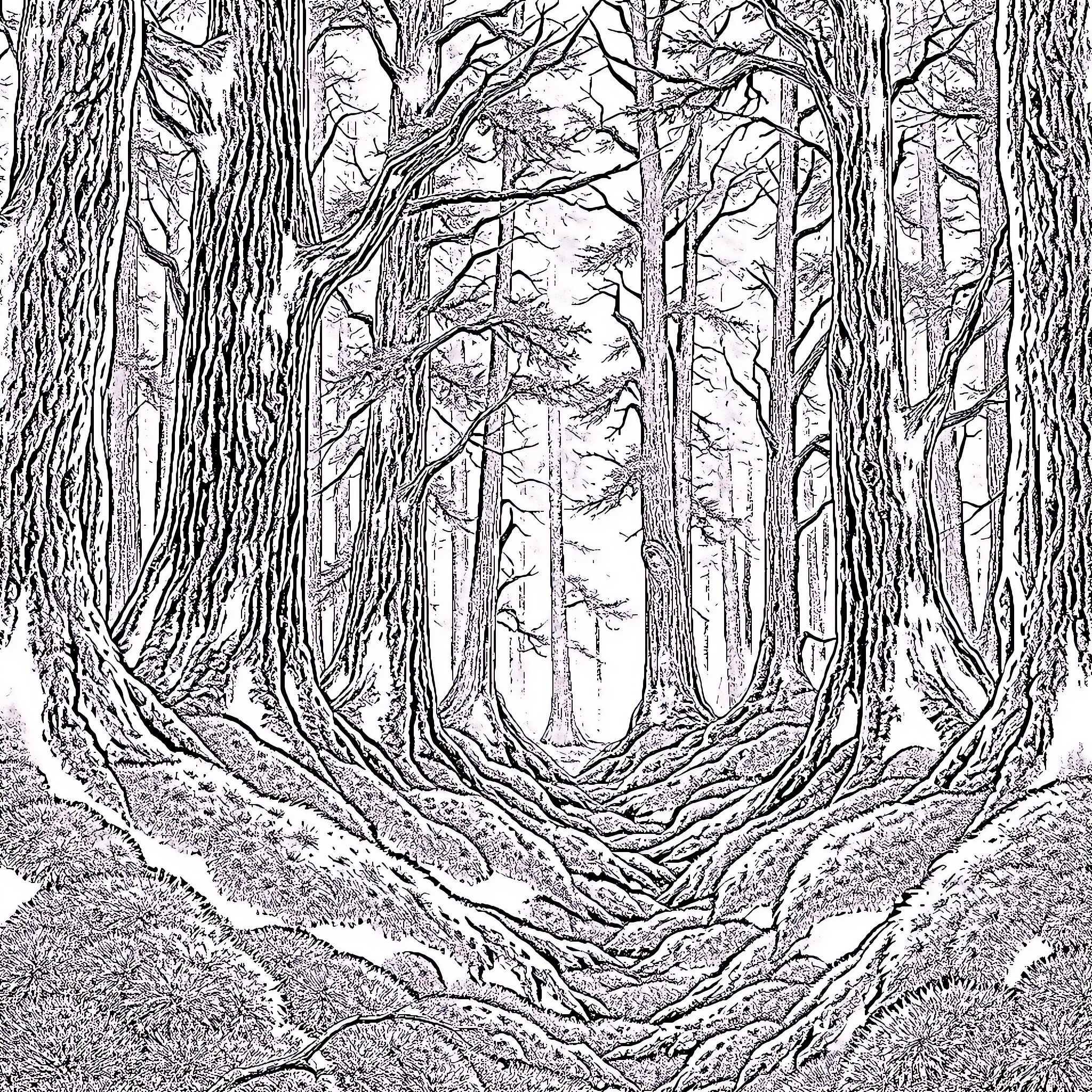 Forest of intricate trees and tangled roots Coloring Page (free black-and-white line drawing printable PDF for all, from beginners to advanced learners, including children, teens, adults, and seniors)