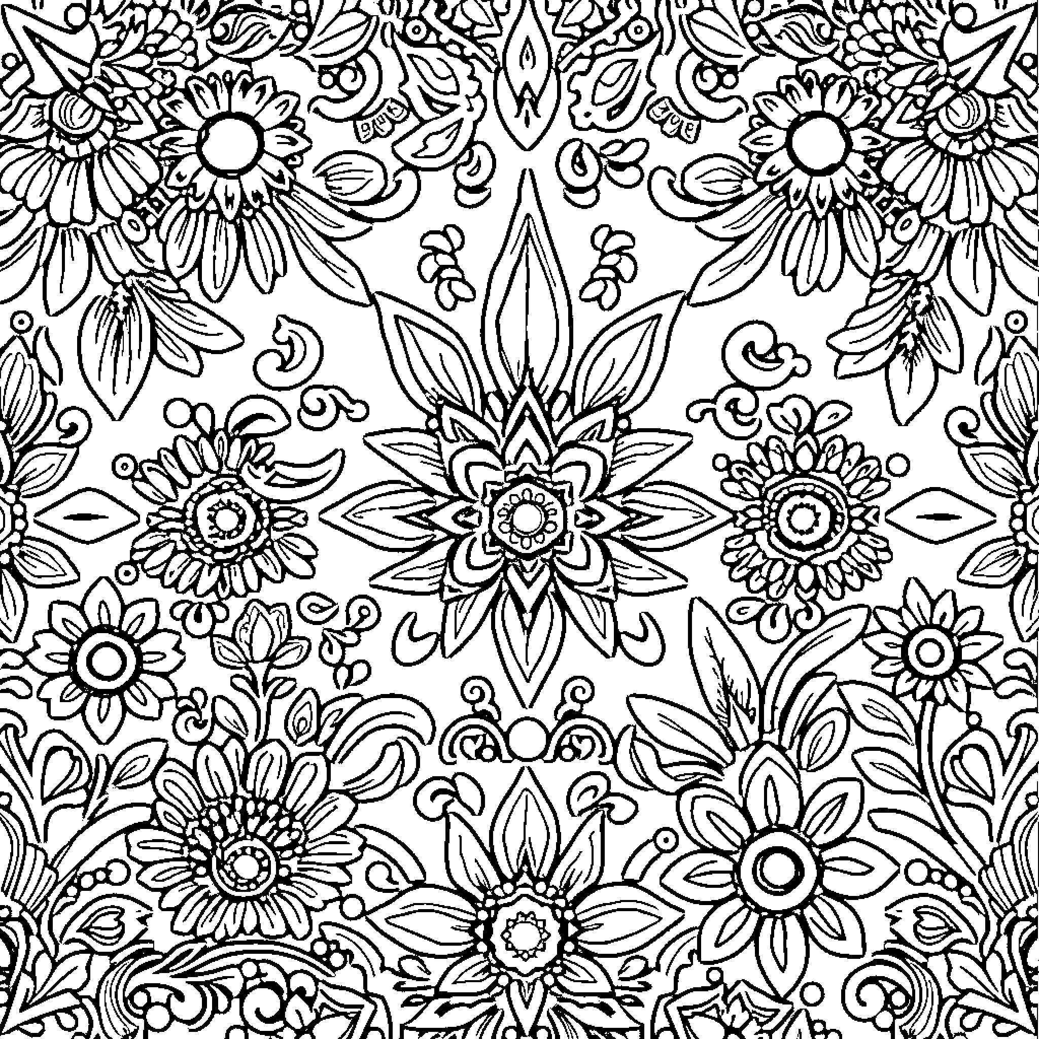 Tribal Pattern with Intricate Floral Designs Coloring Page (free black-and-white line drawing printable PDF for all, from beginners to advanced learners, including children, teens, adults, and seniors)