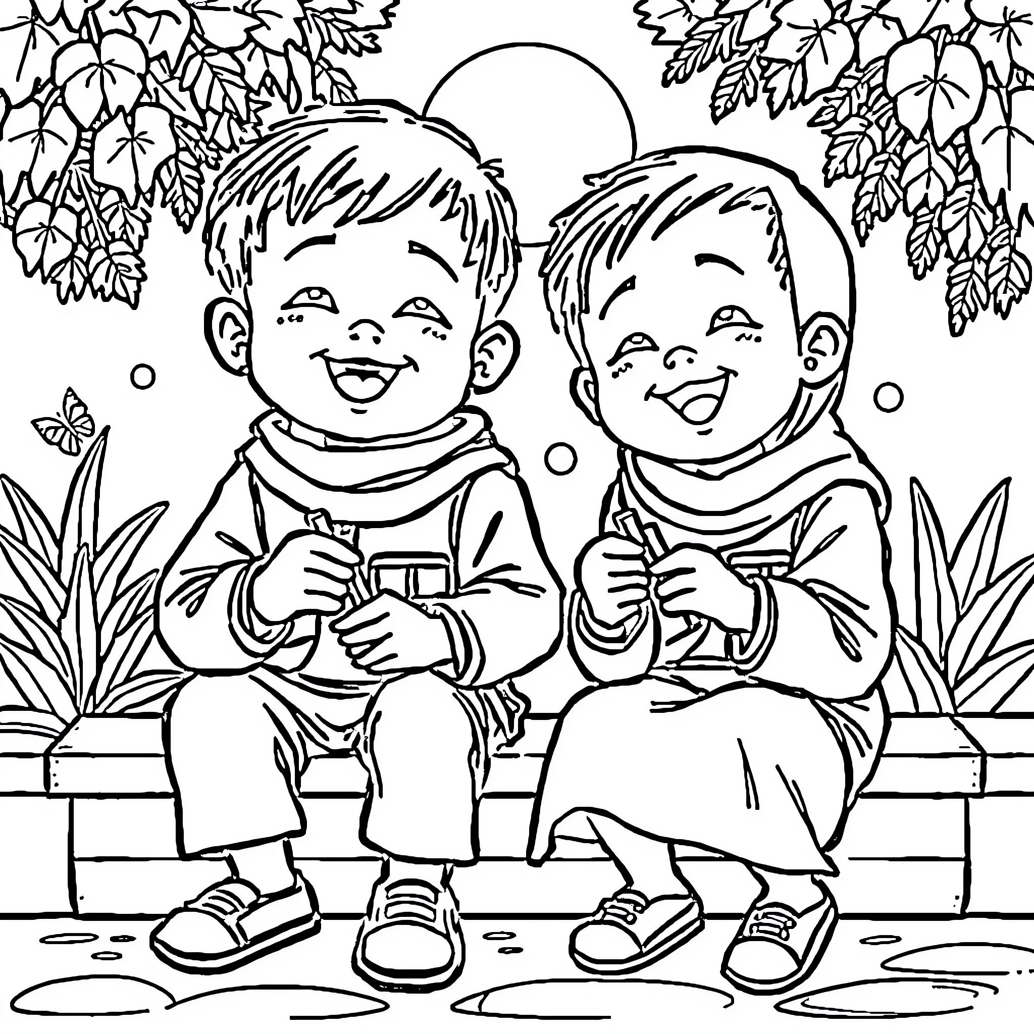 Anak Laki-laki Enjoying a Sunny Day Together Coloring Page (free black-and-white line drawing printable PDF for all, from beginners to advanced learners, including children, teens, adults, and seniors)