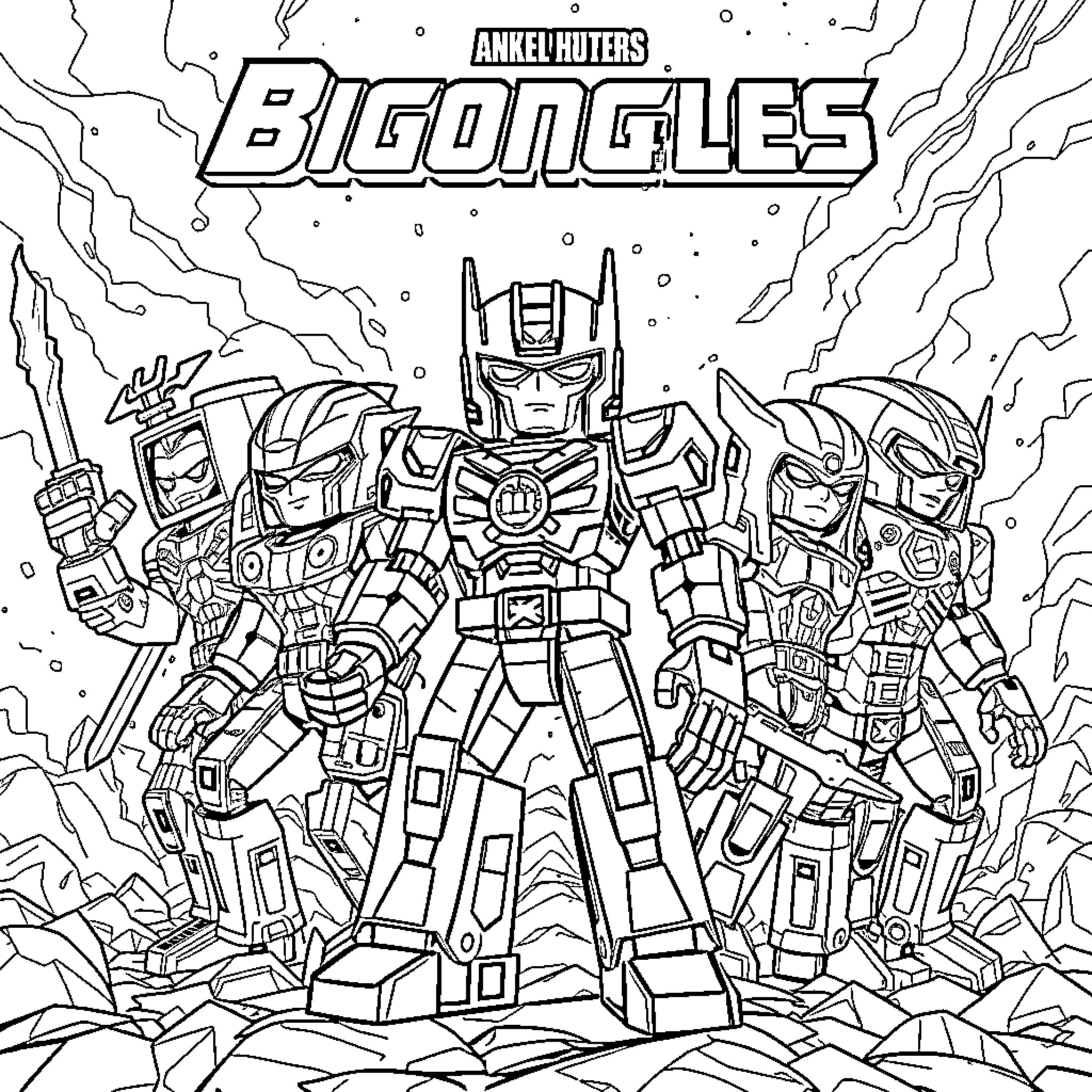 Bionicle warriors in battle formation Coloring Page (free black-and-white line drawing printable PDF for all, from beginners to advanced learners, including children, teens, adults, and seniors)