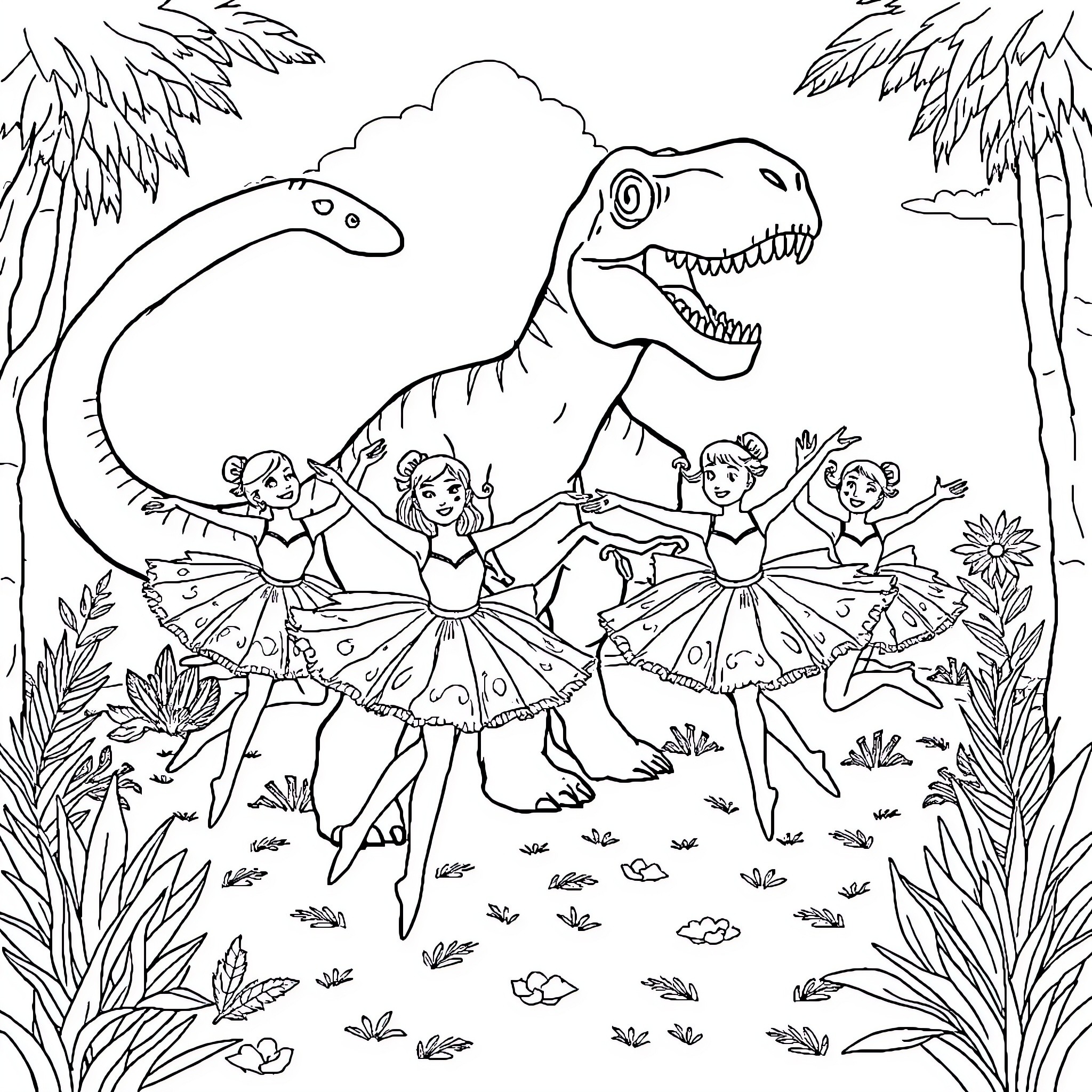 Ballerina dancers performing among dinosaurs in the jungle Coloring Page (free black-and-white line drawing printable PDF for all, from beginners to advanced learners, including children, teens, adults, and seniors)
