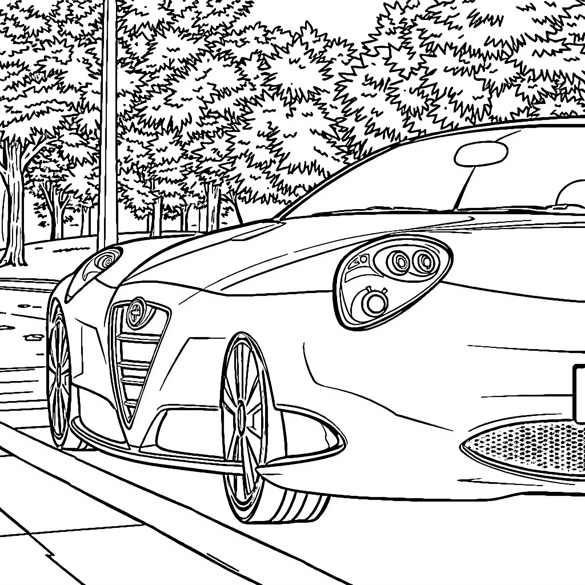 Lancia Ypsilon sports car on the road Coloring Page (free black-and-white line drawing printable PDF for all, from beginners to advanced learners, including children, teens, adults, and seniors)