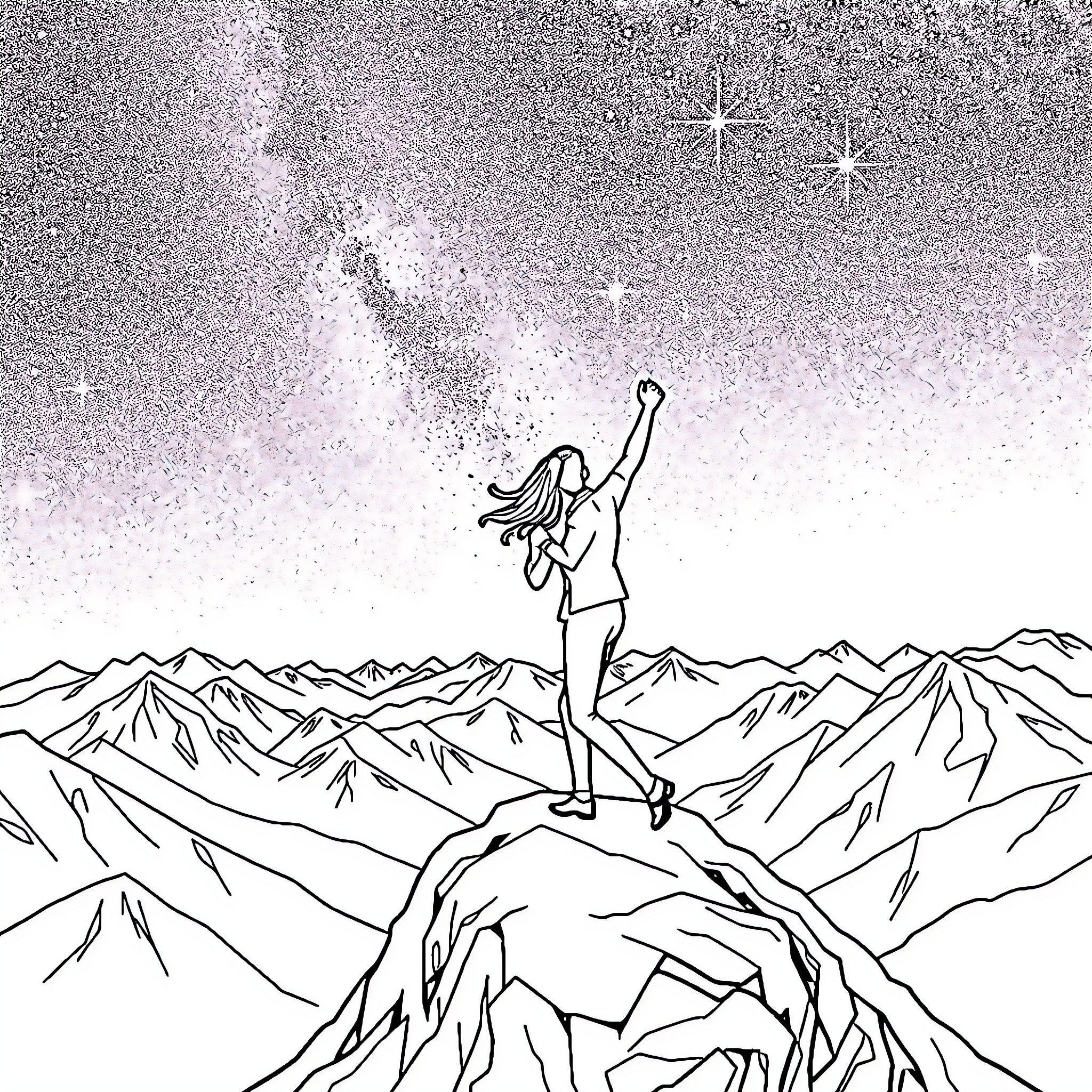 Couple admiring the starry night on a mountain peak Coloring Page (free black-and-white line drawing printable PDF for all, from beginners to advanced learners, including children, teens, adults, and seniors)