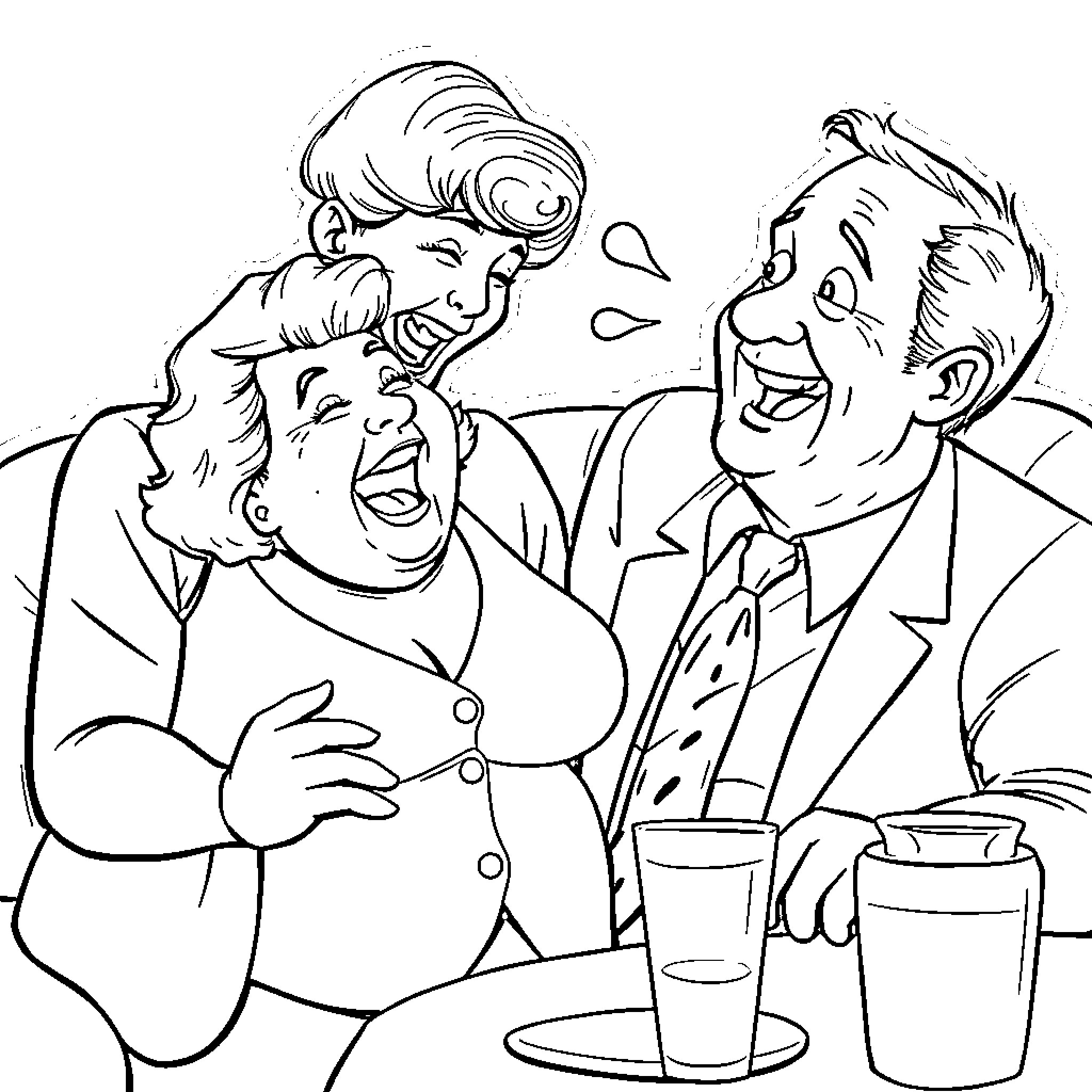 Maude and Harold engage in lively conversation over drinks Coloring Page (free black-and-white line drawing printable PDF for all, from beginners to advanced learners, including children, teens, adults, and seniors)