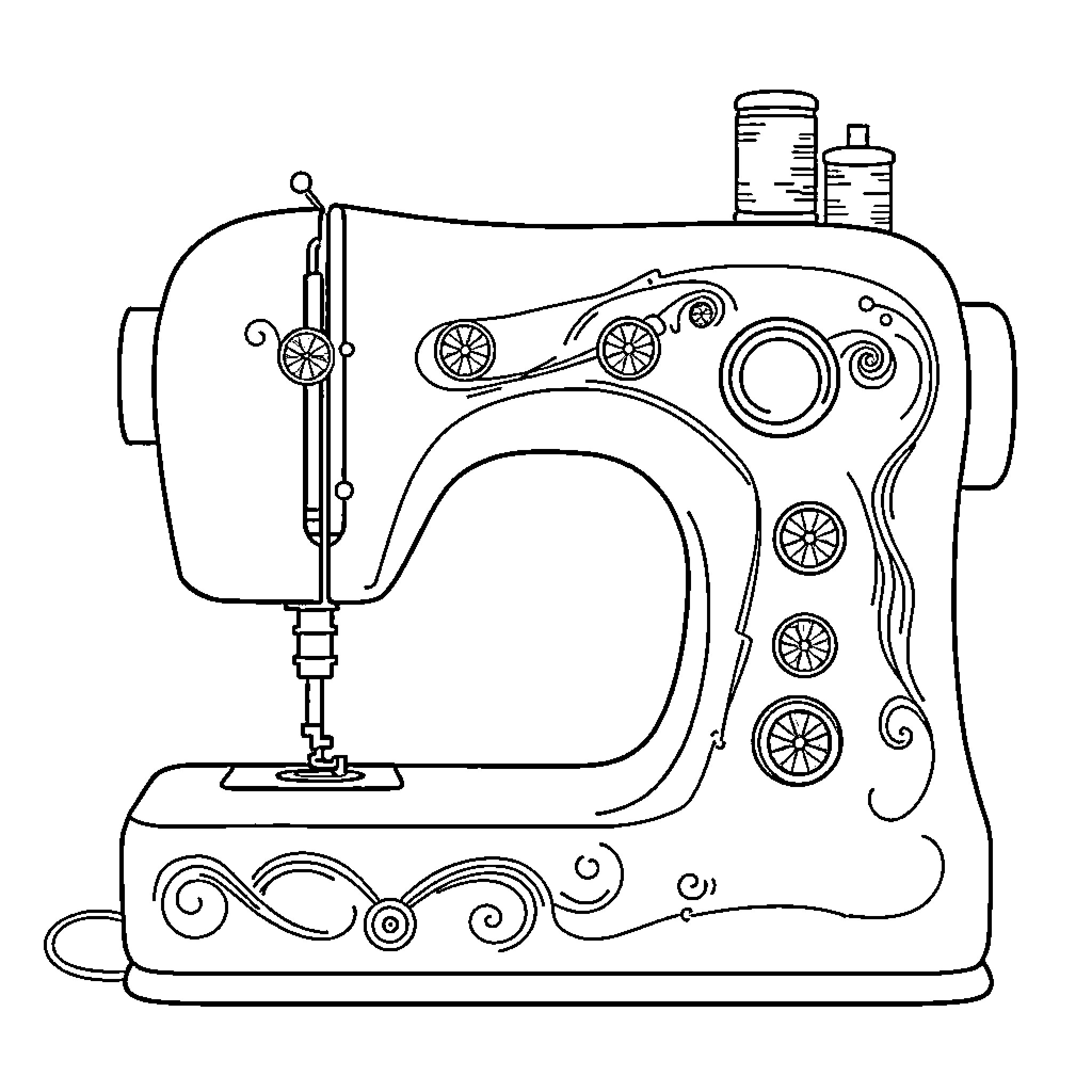 Sewing Machine with Decorative Patterns Coloring Page (free black-and-white line drawing printable PDF for all, from beginners to advanced learners, including children, teens, adults, and seniors)