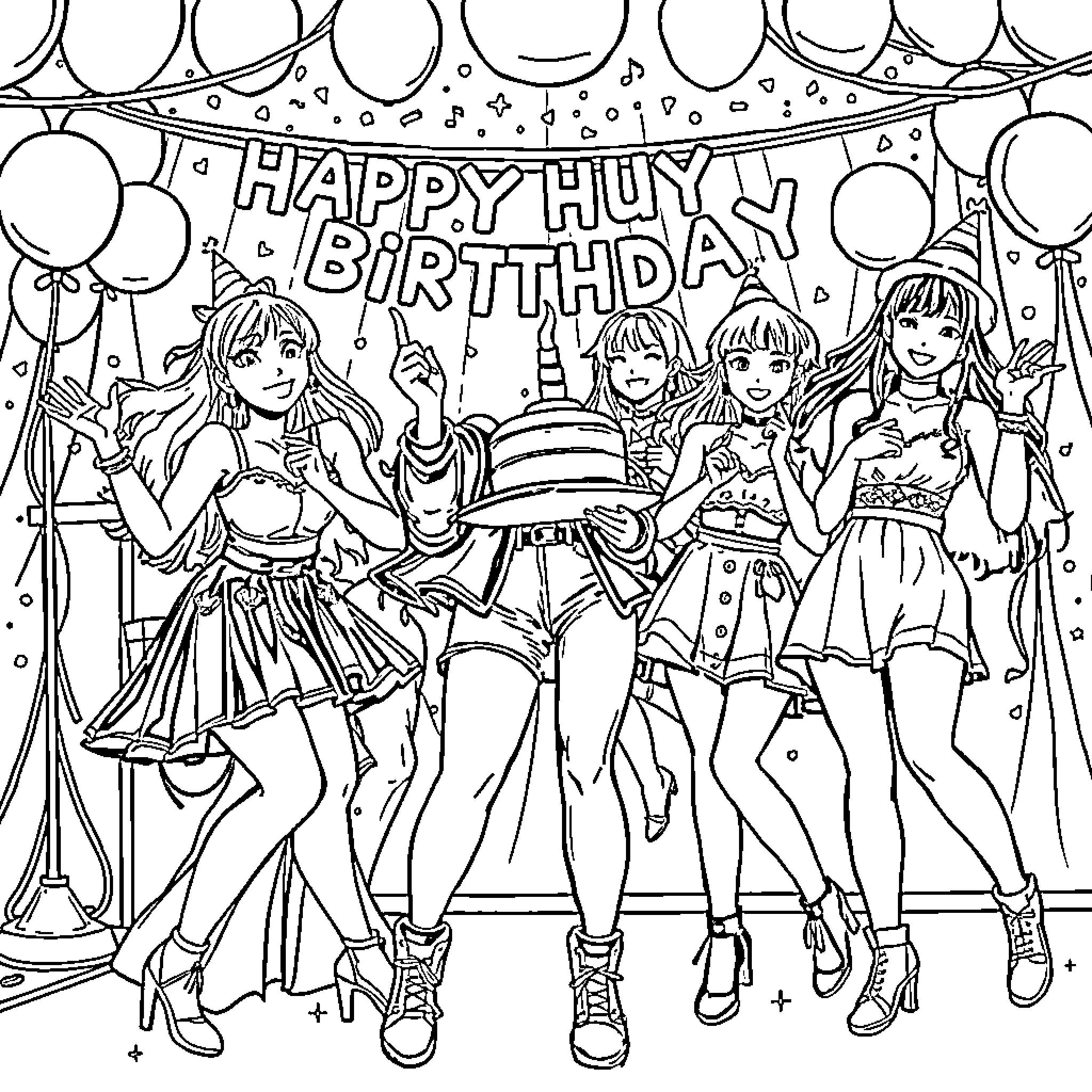 K Pop Warrior Celebration with Balloons and Cake Coloring Page (free black-and-white line drawing printable PDF for all, from beginners to advanced learners, including children, teens, adults, and seniors)