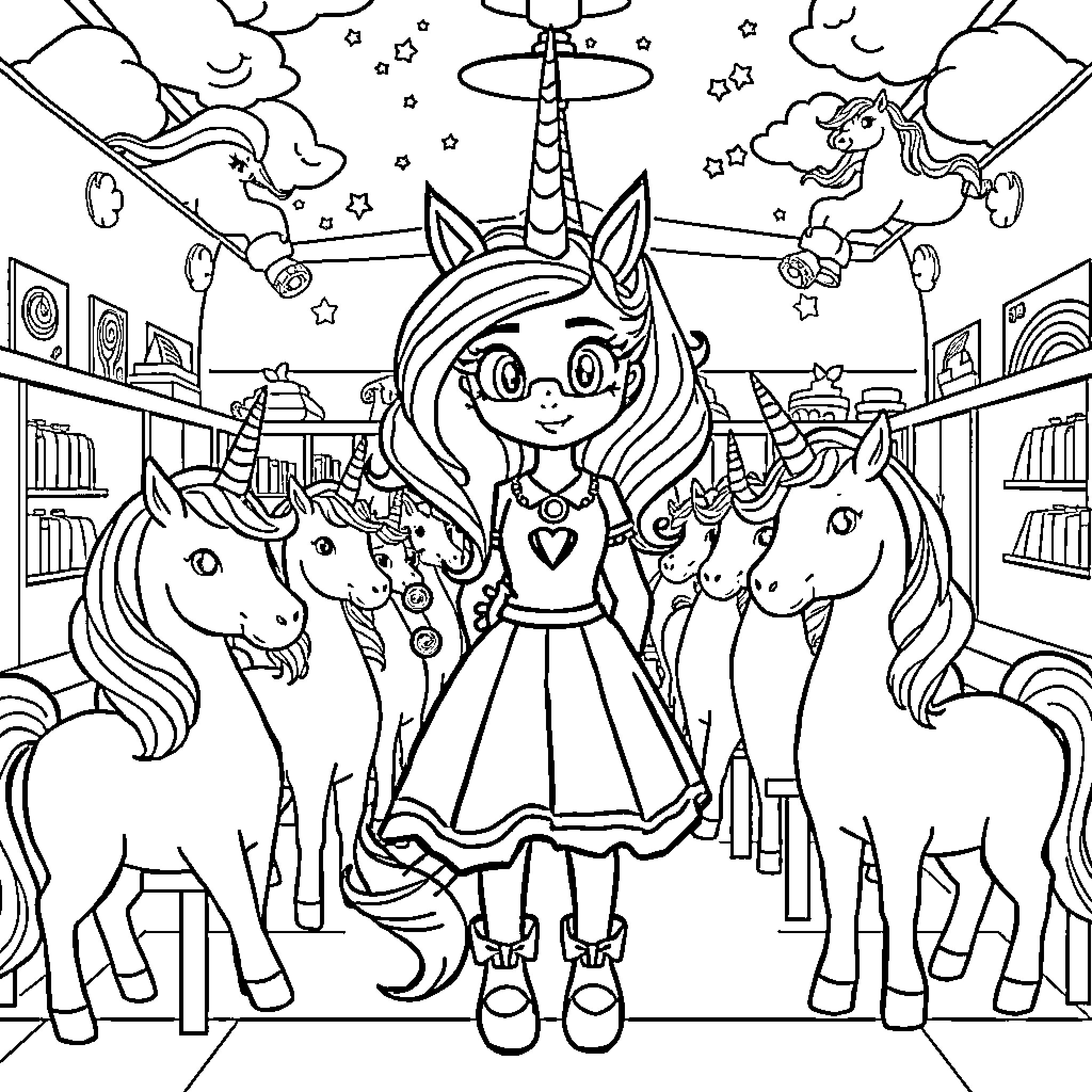 Unicorn Girl and Magical Unicorns in Enchanted Library Coloring Page (free black-and-white line drawing printable PDF for all, from beginners to advanced learners, including children, teens, adults, and seniors)