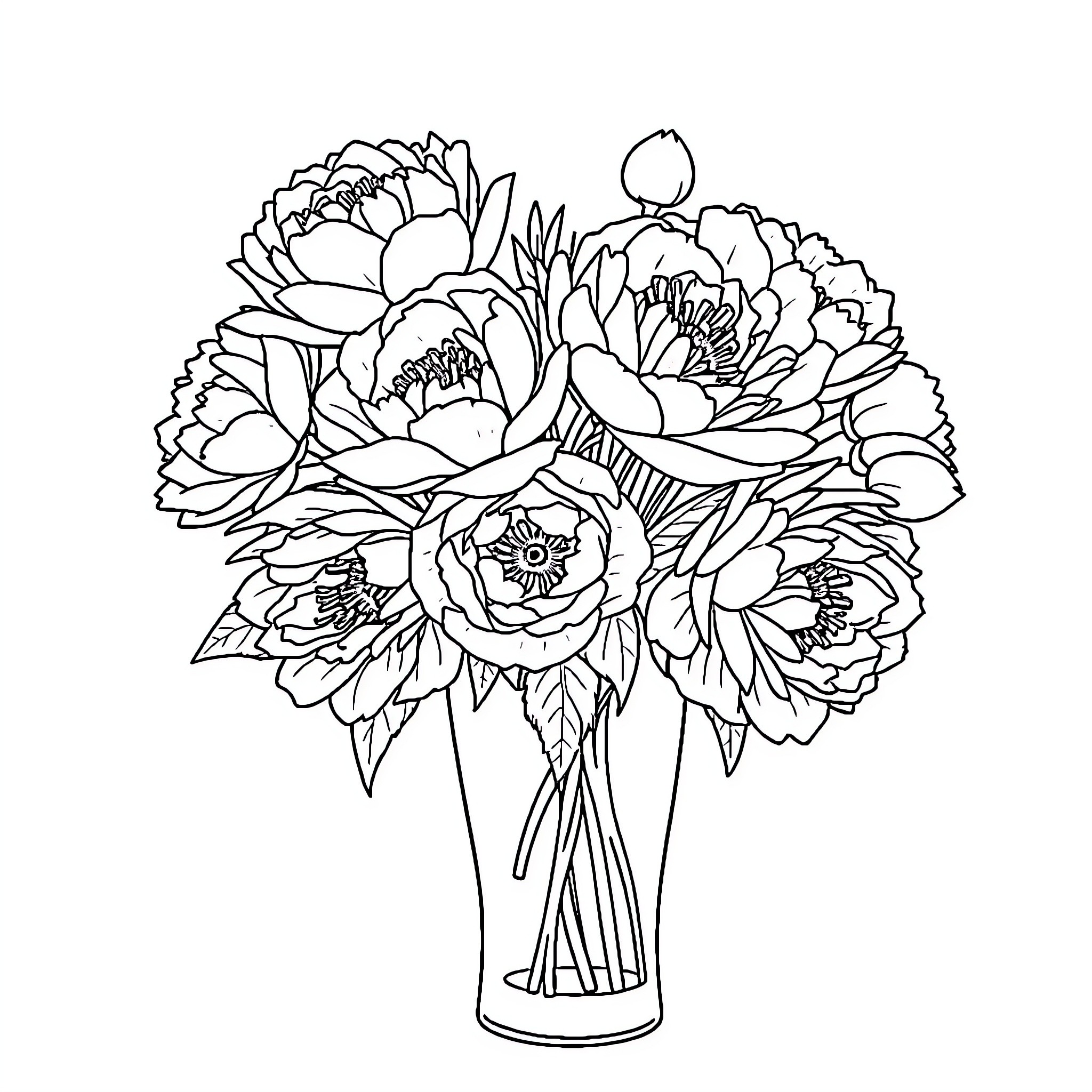 Peony Bouquet in Vase Displayed Elegantly Coloring Page (free black-and-white line drawing printable PDF for all, from beginners to advanced learners, including children, teens, adults, and seniors)