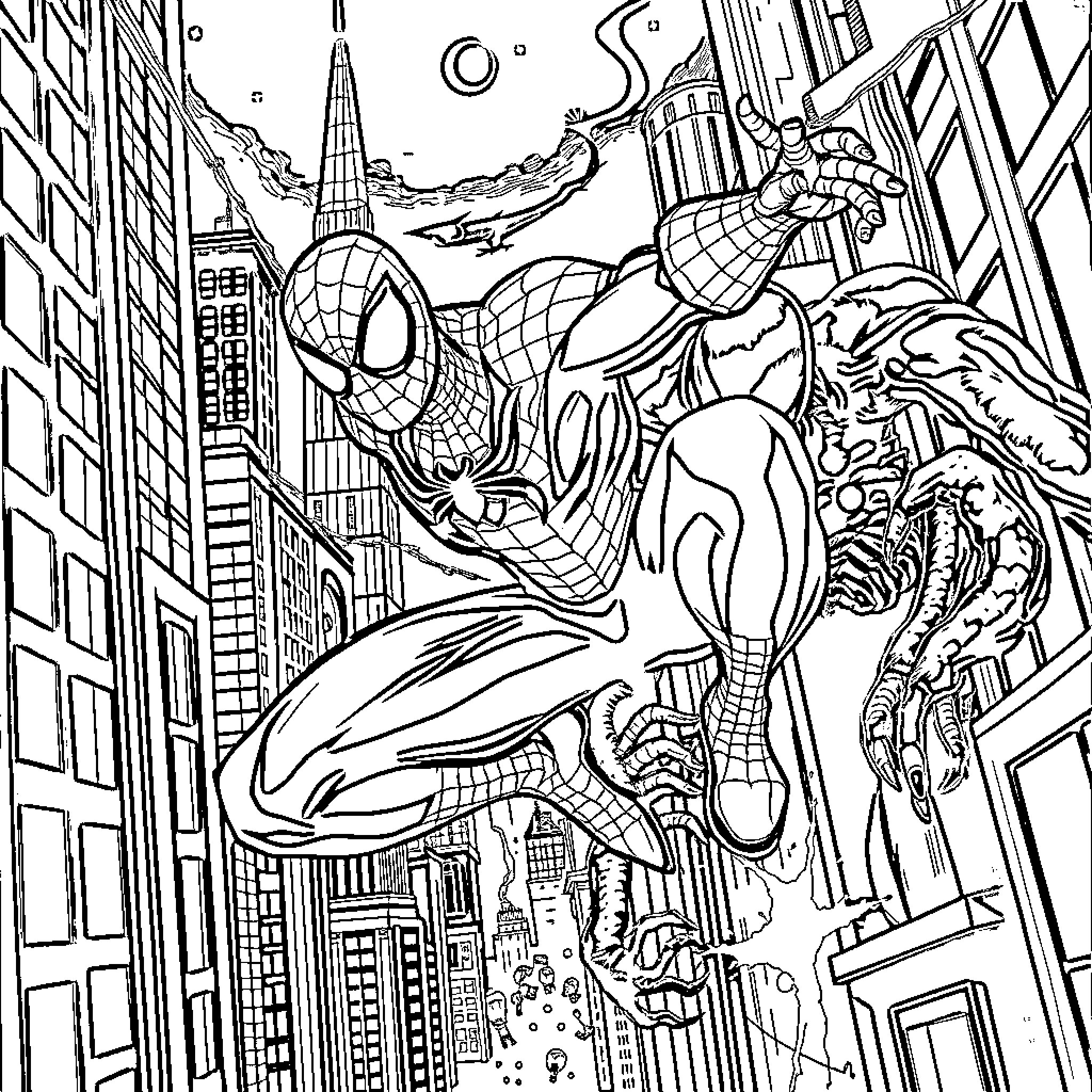 Spiderman swinging through a city skyline Coloring Page (free black-and-white line drawing printable PDF for all, from beginners to advanced learners, including children, teens, adults, and seniors)