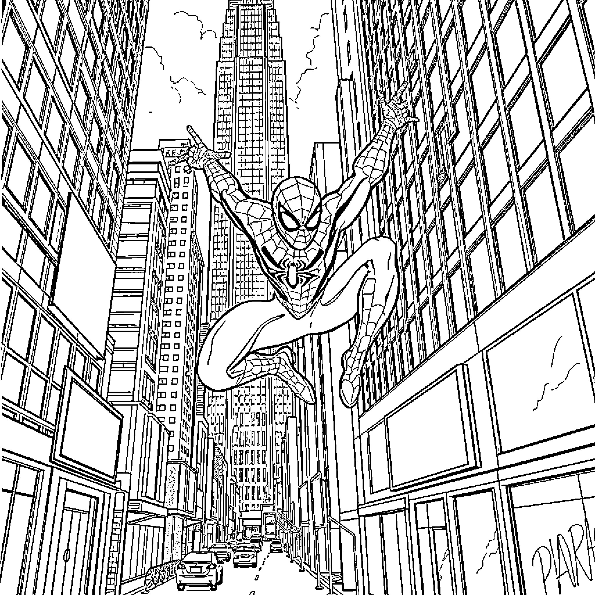 Spiderman swinging through the city skyline Coloring Page (free black-and-white line drawing printable PDF for all, from beginners to advanced learners, including children, teens, adults, and seniors)