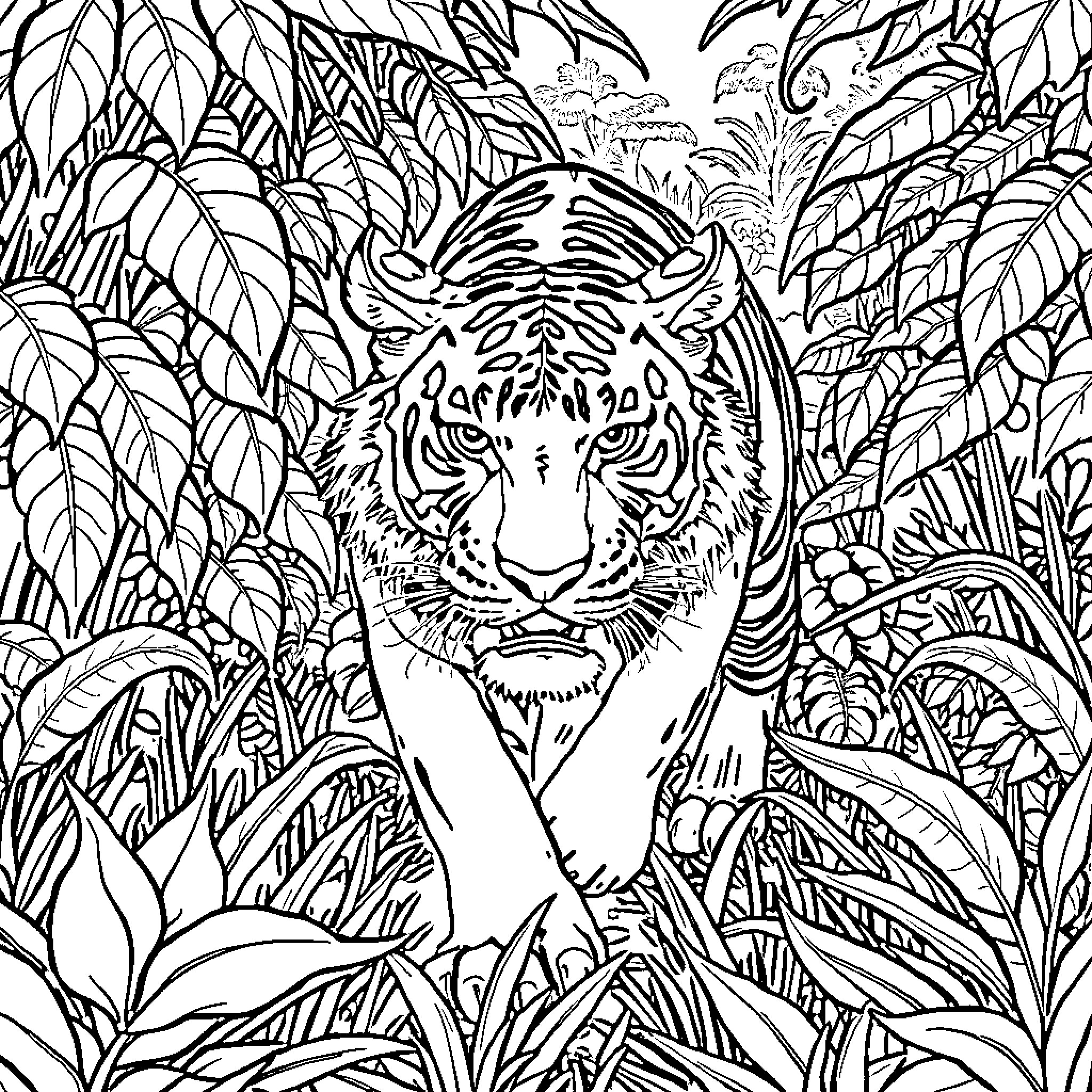 Tiger Prowling Amidst Lush Jungle Foliage Coloring Page (free black-and-white line drawing printable PDF for all, from beginners to advanced learners, including children, teens, adults, and seniors)