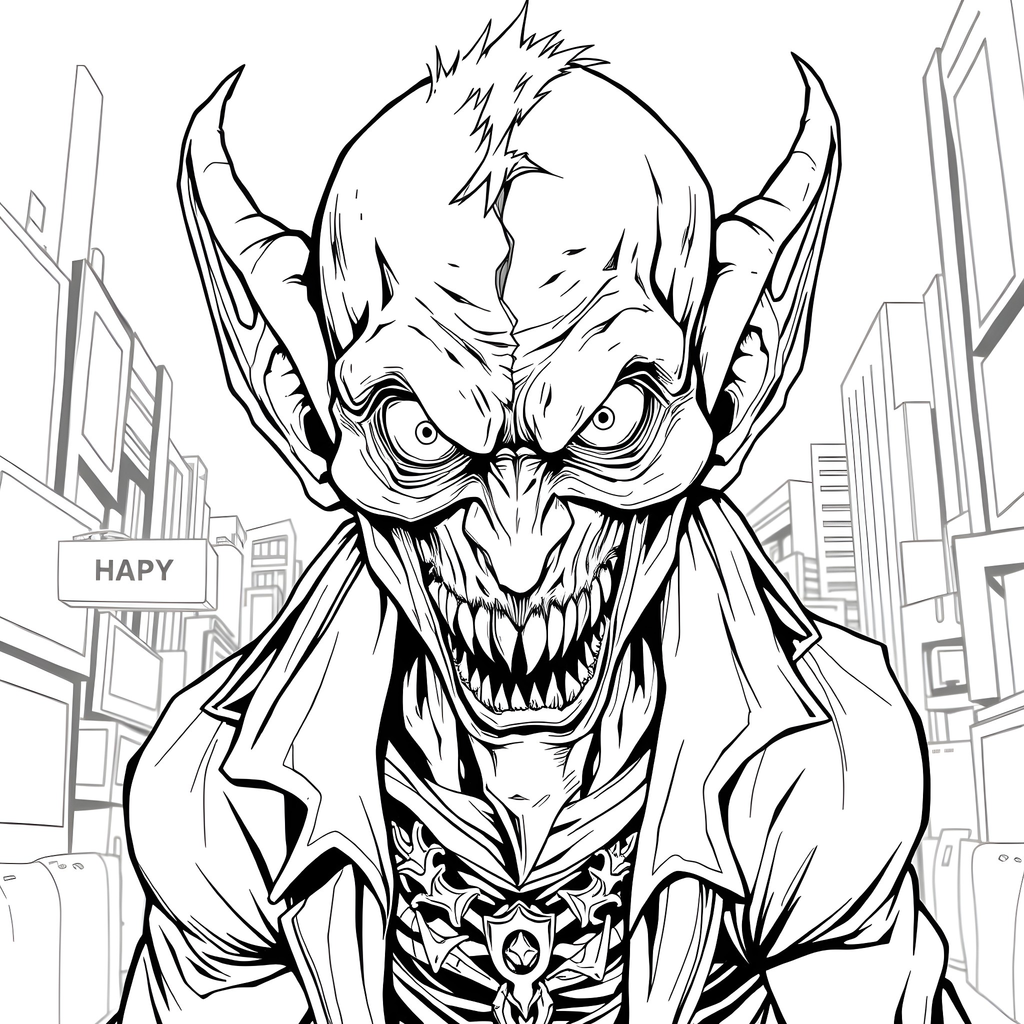 Two-Faced Goblin's Sinister Grin in the City Coloring Page (free black-and-white line drawing printable PDF for all, from beginners to advanced learners, including children, teens, adults, and seniors)