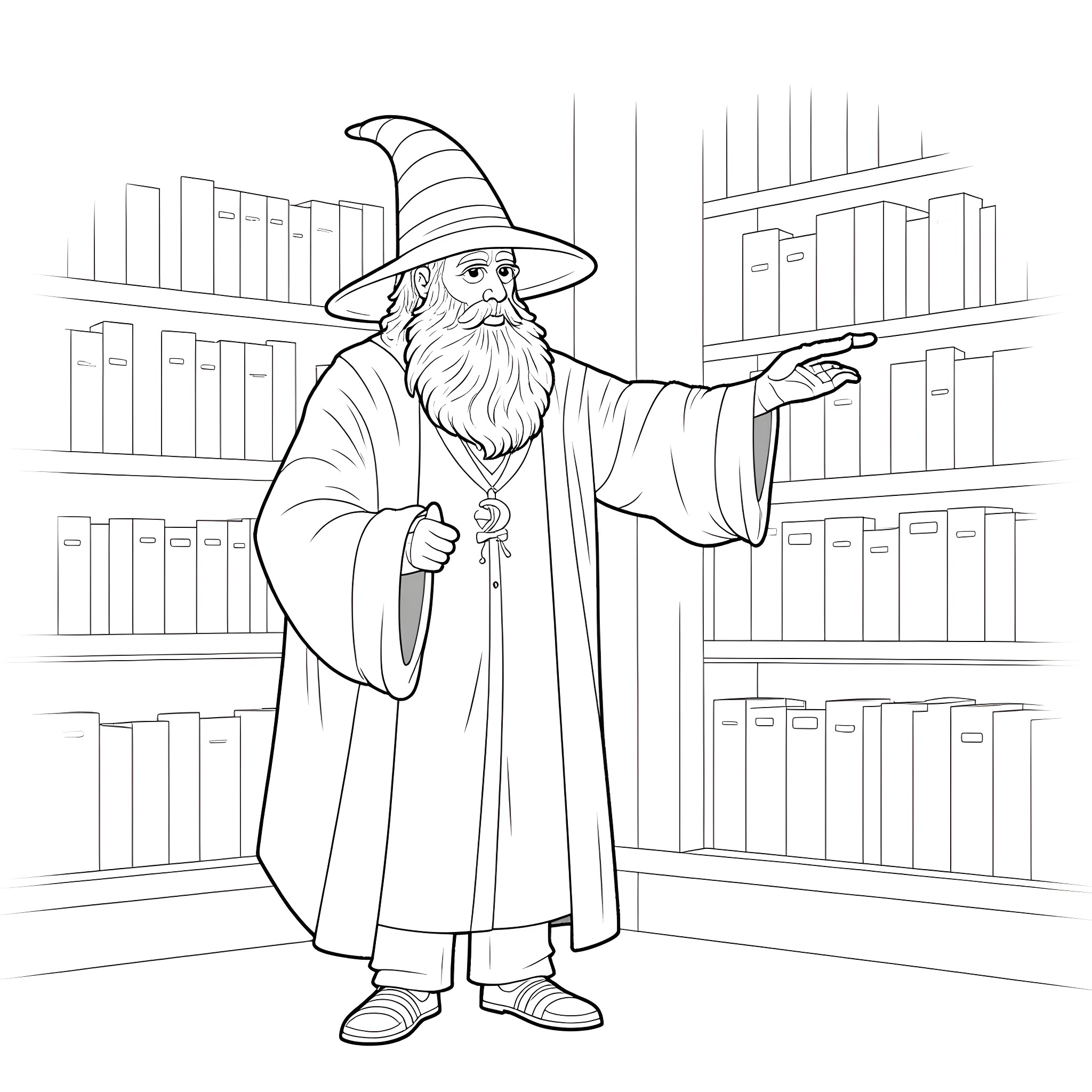 Dumbledore examining the library shelves Coloring Page (free black-and-white line drawing printable PDF for all, from beginners to advanced learners, including children, teens, adults, and seniors)