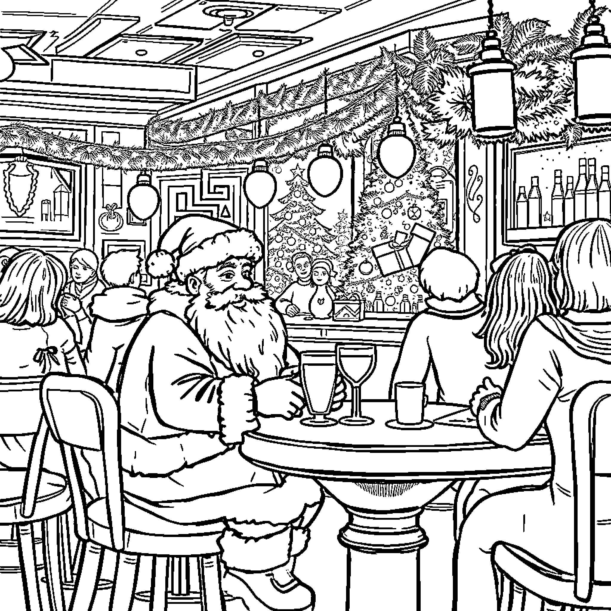 Santa Claus enjoying festive drinks with friends in a cozy bar Coloring Page (free black-and-white line drawing printable PDF for all, from beginners to advanced learners, including children, teens, adults, and seniors)