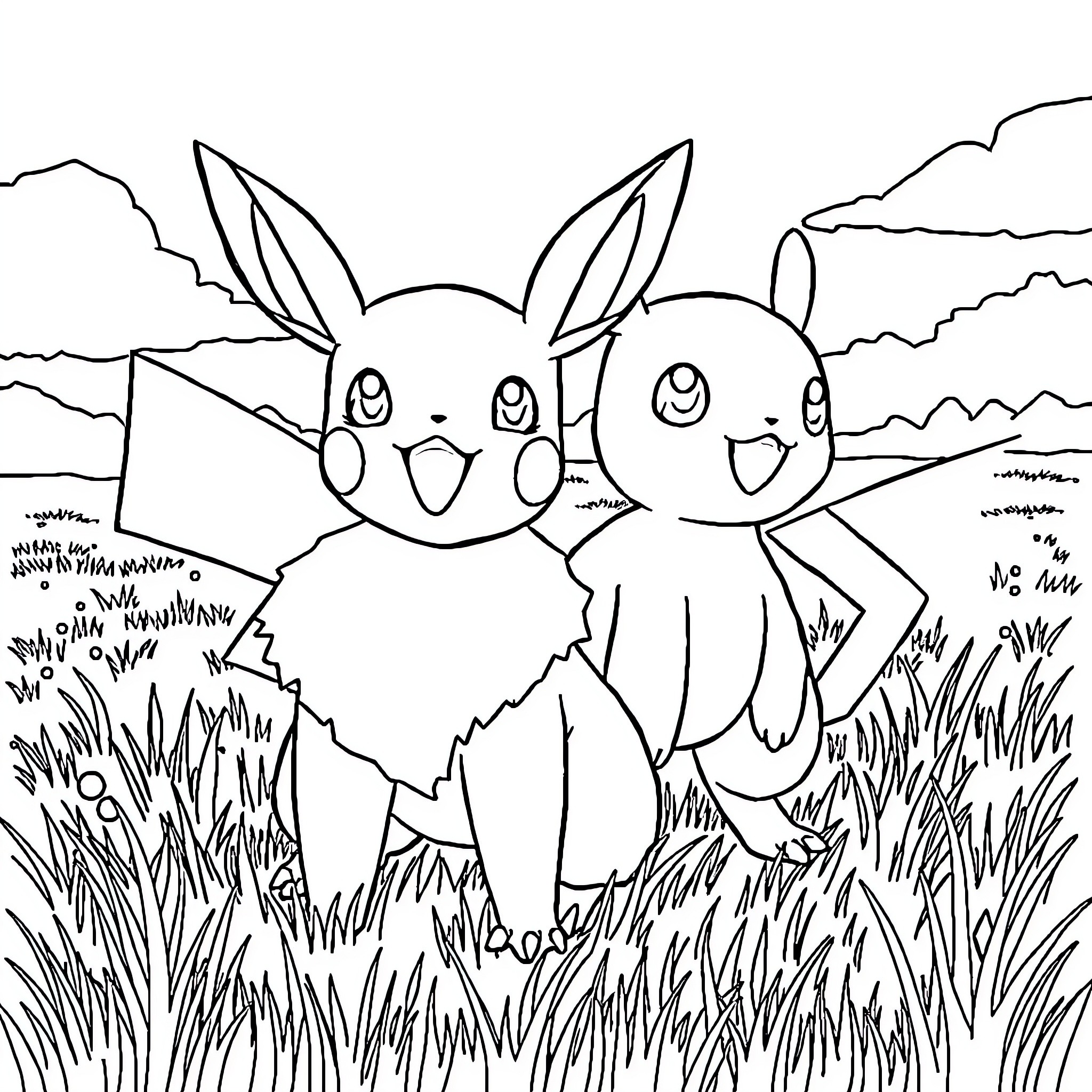 Pokémon Pals Frolicking in the Meadow Coloring Page (free black-and-white line drawing printable PDF for all, from beginners to advanced learners, including children, teens, adults, and seniors)