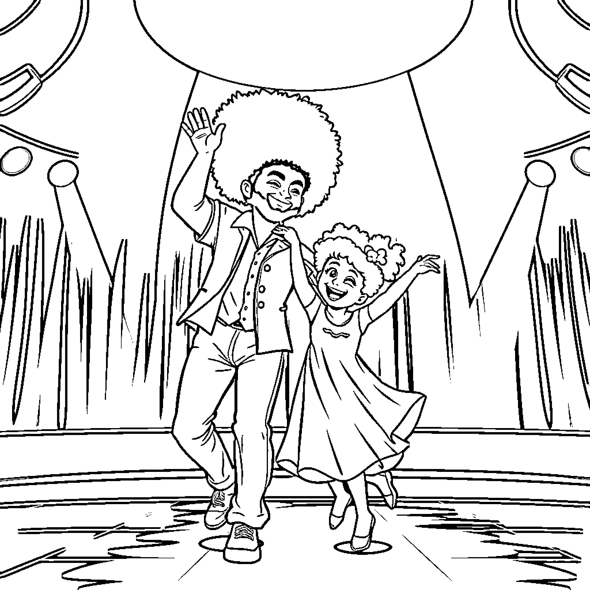 Dad and child dancing joyfully on stage Coloring Page (free black-and-white line drawing printable PDF for all, from beginners to advanced learners, including children, teens, adults, and seniors)