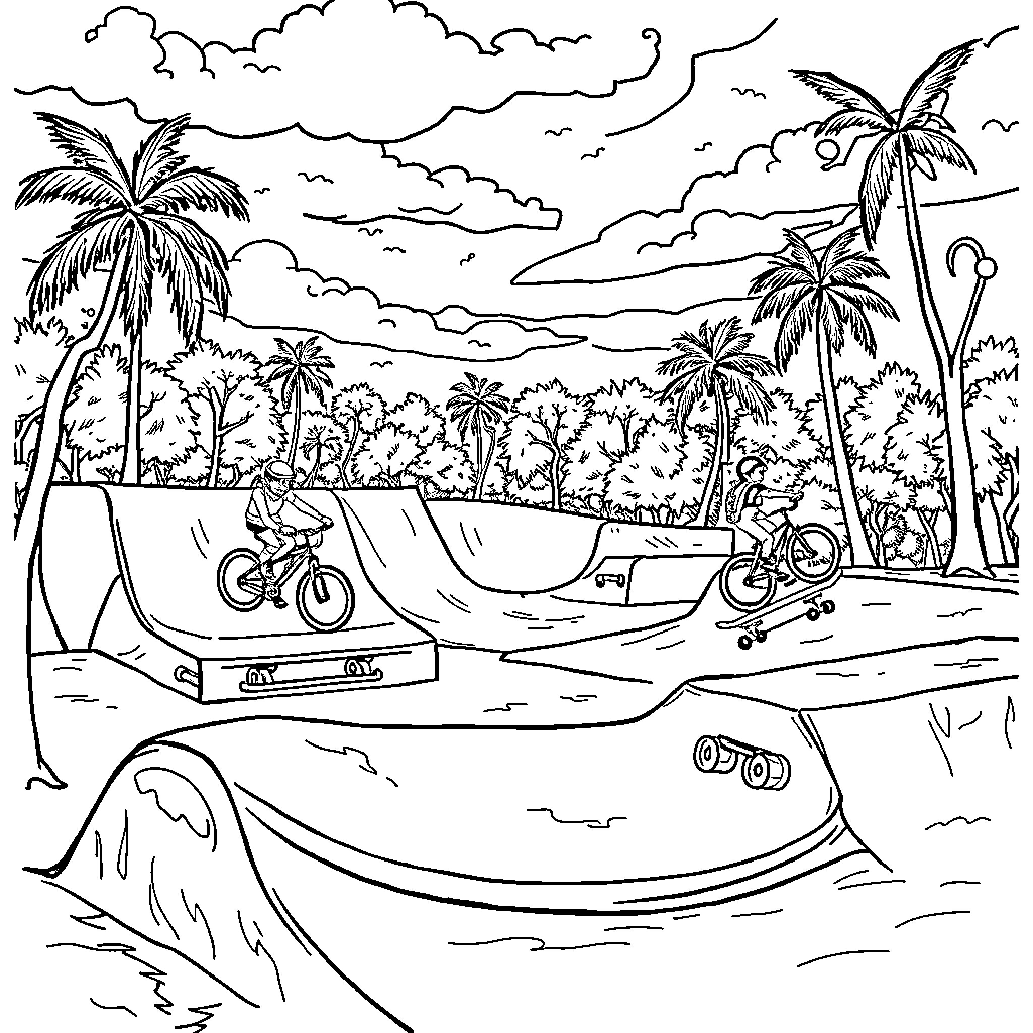 Skate Park with Bicycles and Tropical Scenery Coloring Page (free black-and-white line drawing printable PDF for all, from beginners to advanced learners, including children, teens, adults, and seniors)