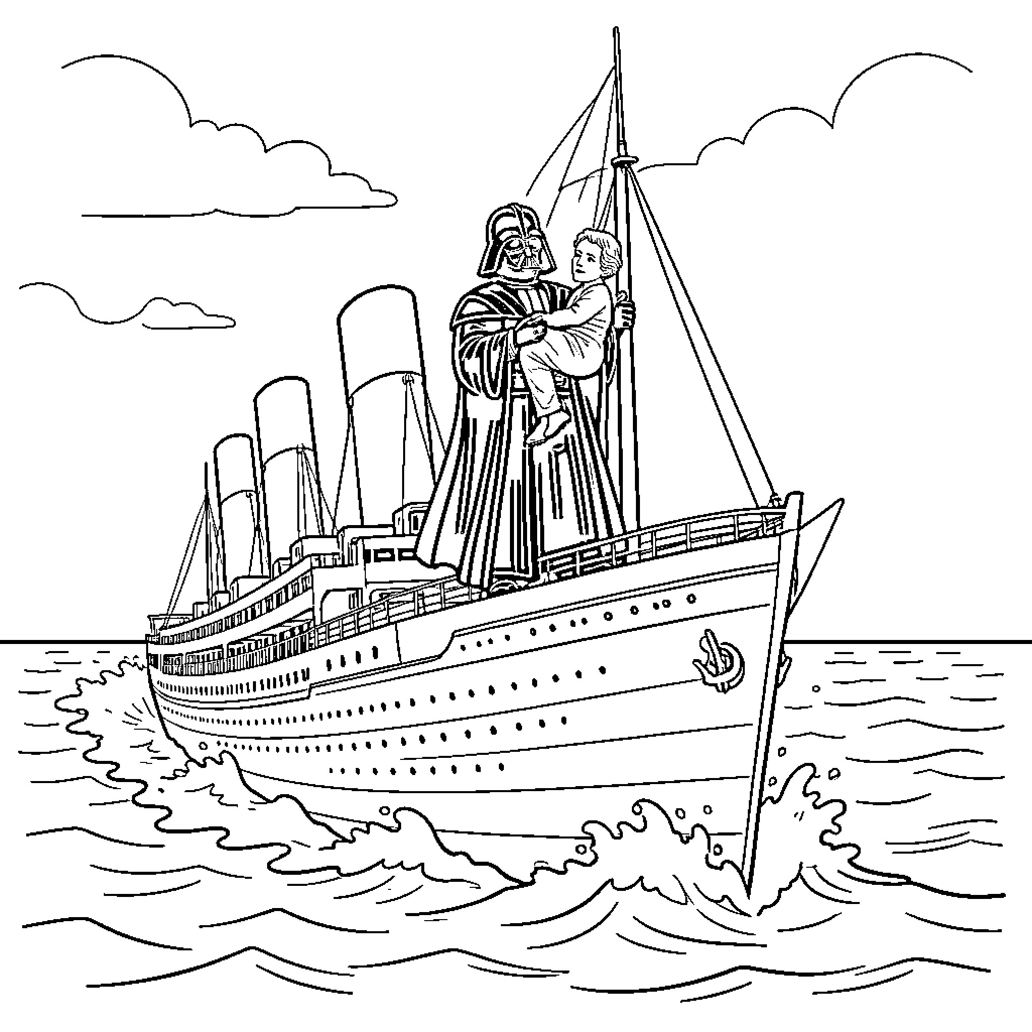 Darth Vader holding a small child on a ship Coloring Page (free black-and-white line drawing printable PDF for all, from beginners to advanced learners, including children, teens, adults, and seniors)