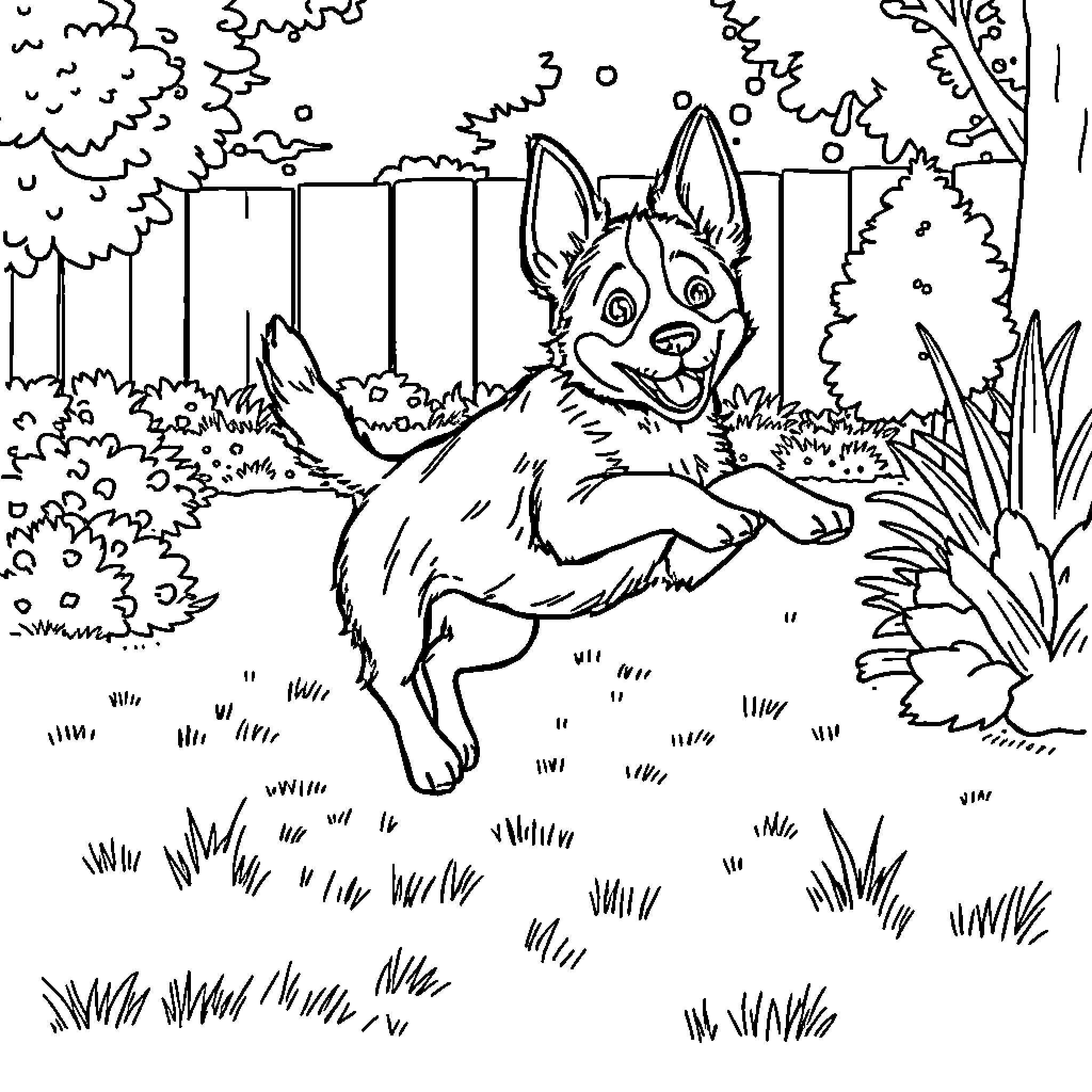 Bluey playing happily in the park Coloring Page (free black-and-white line drawing printable PDF for all, from beginners to advanced learners, including children, teens, adults, and seniors)