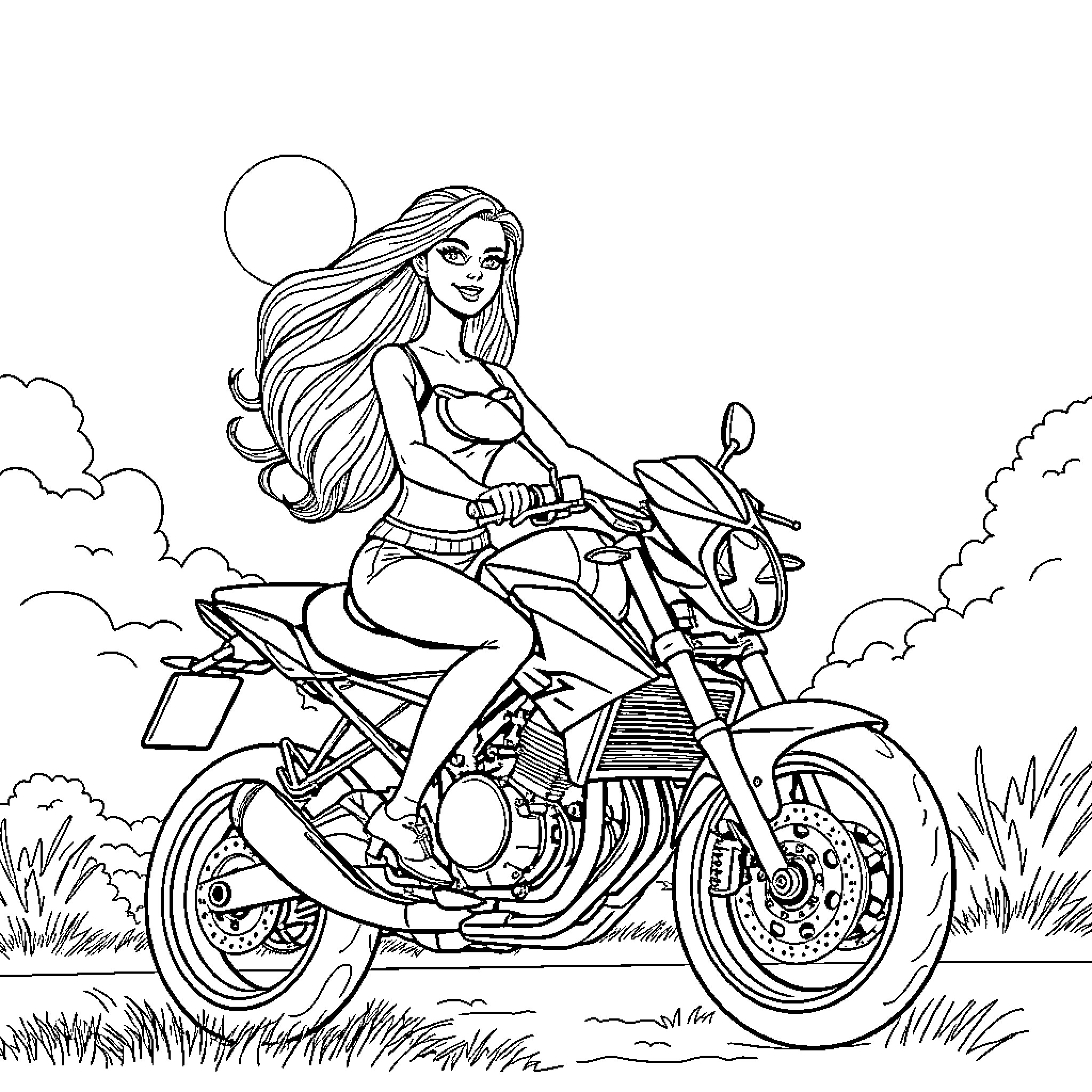 Barbie riding a motorcycle in the countryside Coloring Page (free black-and-white line drawing printable PDF for all, from beginners to advanced learners, including children, teens, adults, and seniors)