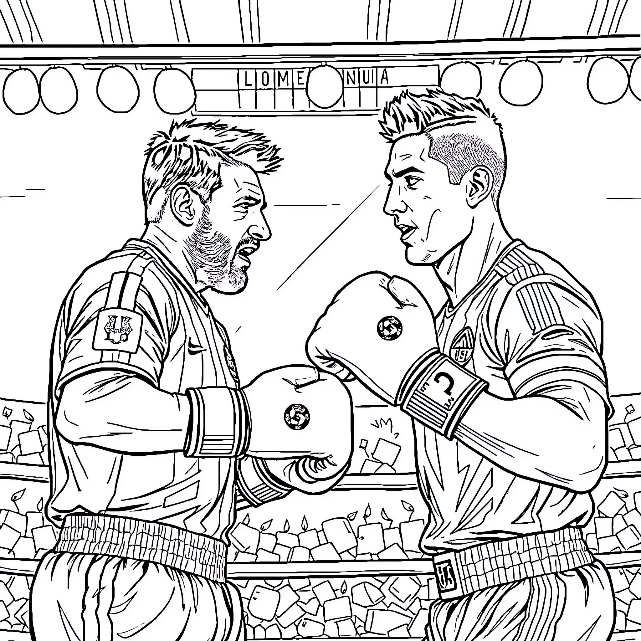 Messi and Rival Soccer Players in Action on the Field Coloring Page (free black-and-white line drawing printable PDF for all, from beginners to advanced learners, including children, teens, adults, and seniors)