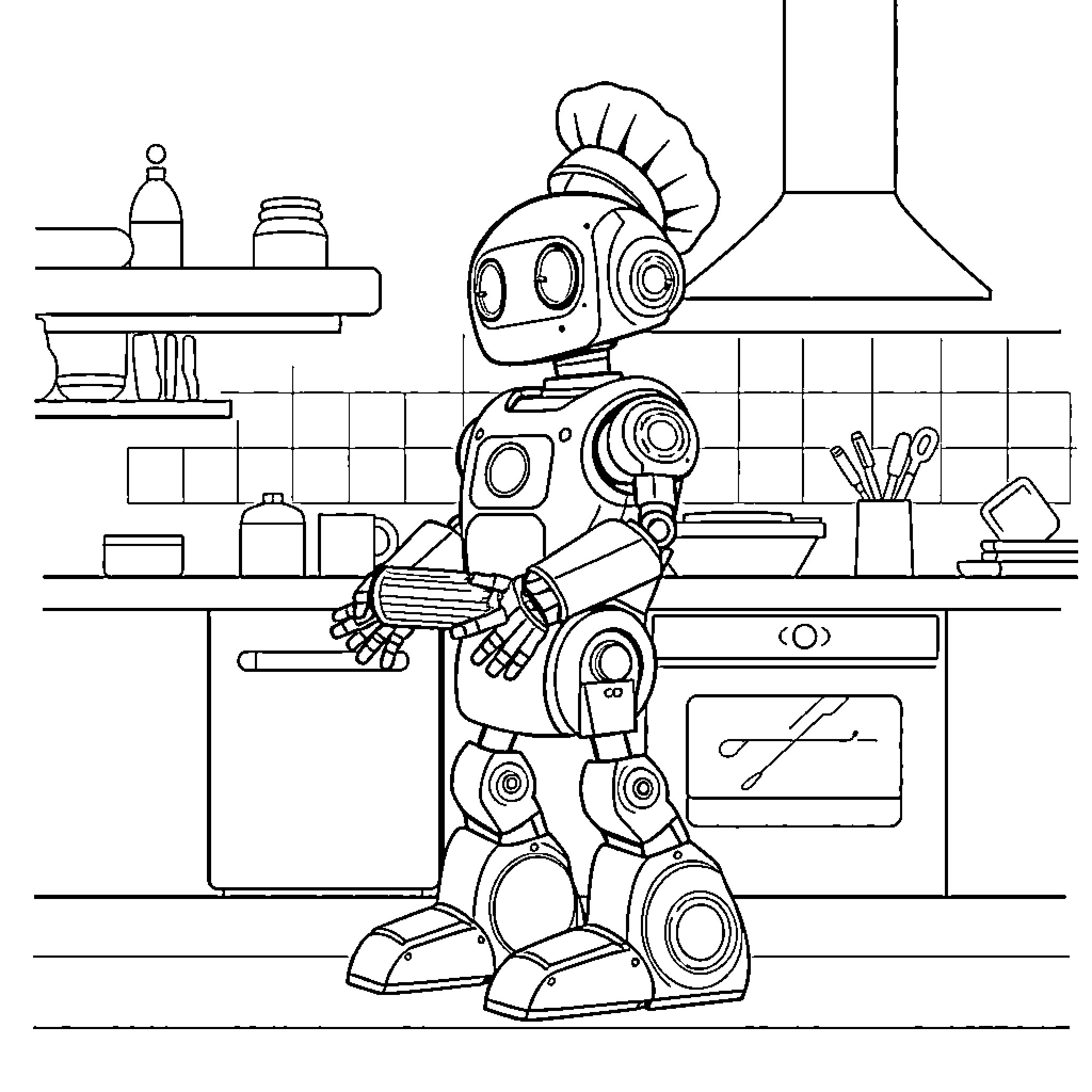 Robot Chef Prepares a Meal in the Kitchen Coloring Page (free black-and-white line drawing printable PDF for all, from beginners to advanced learners, including children, teens, adults, and seniors)