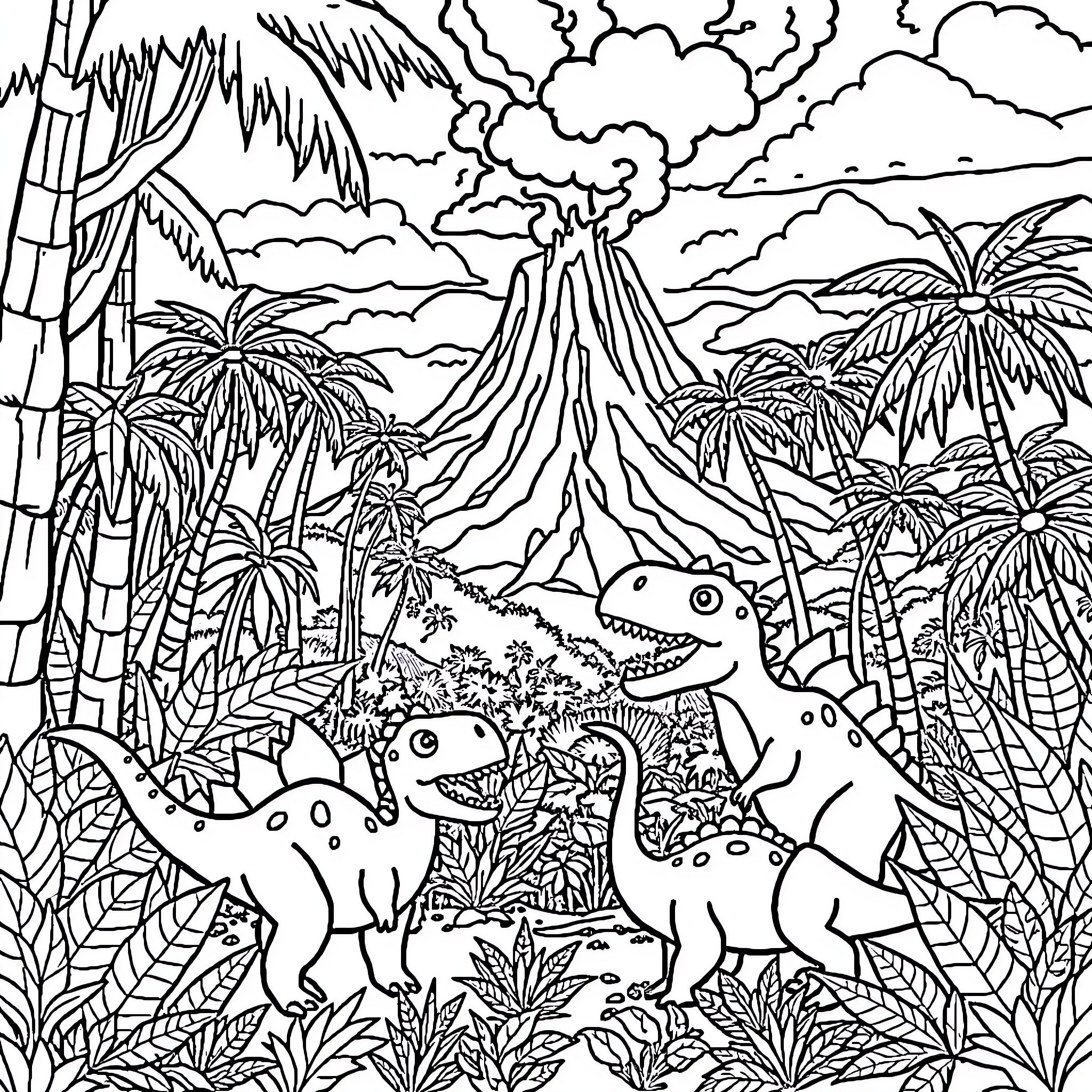 Dinosaurs exploring tropical landscape Coloring Page (free black-and-white line drawing printable PDF for all, from beginners to advanced learners, including children, teens, adults, and seniors)