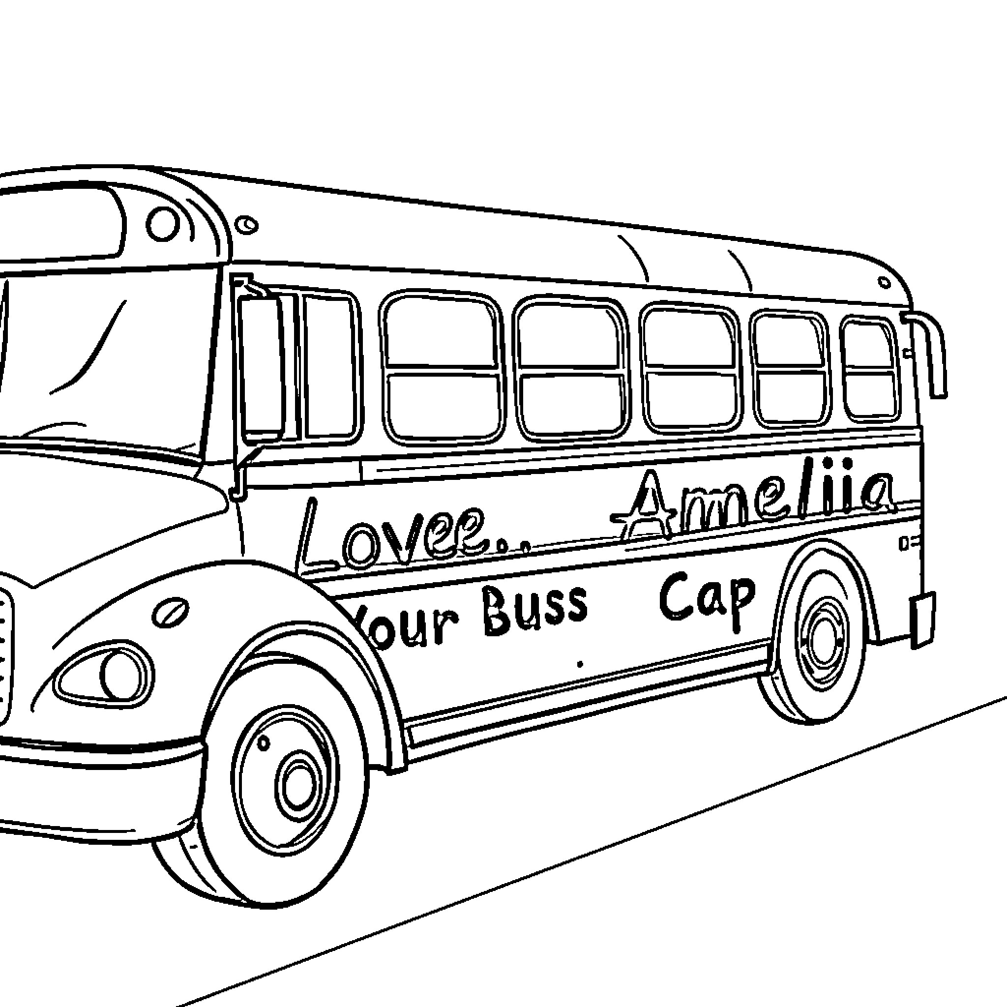 Bus with playful text and colorful graphics Coloring Page (free black-and-white line drawing printable PDF for all, from beginners to advanced learners, including children, teens, adults, and seniors)