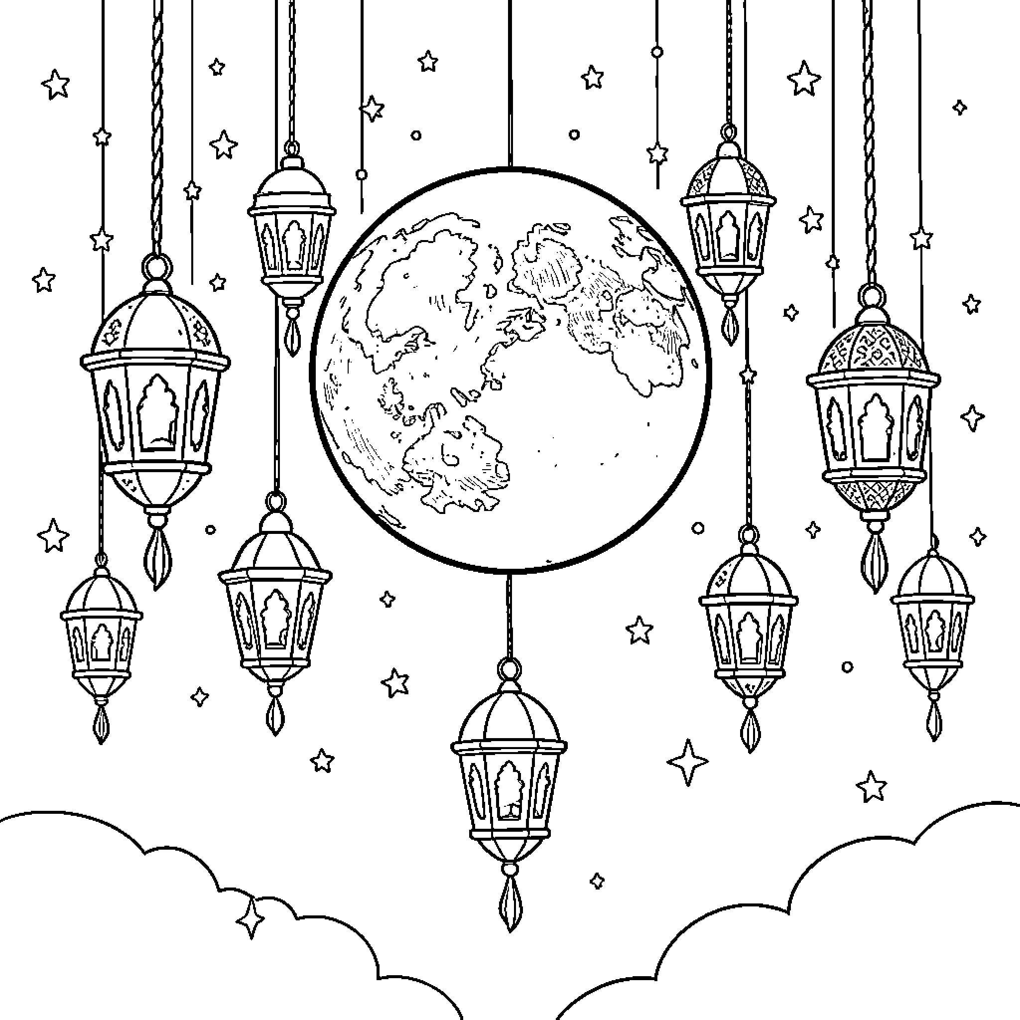 Luna's Global Lantern Celebration Coloring Page (free black-and-white line drawing printable PDF for all, from beginners to advanced learners, including children, teens, adults, and seniors)
