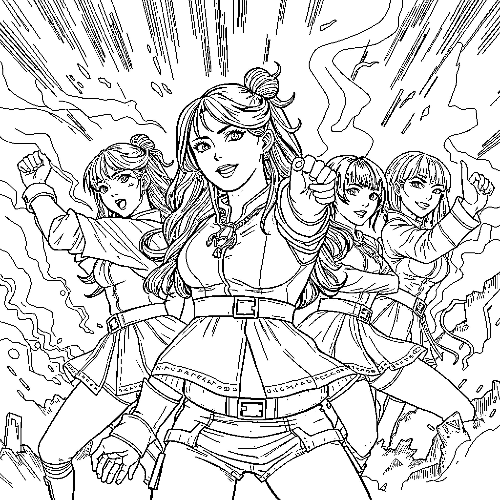 K-Pop Warriors Unleashing Their Fierce Expressions Coloring Page (free black-and-white line drawing printable PDF for all, from beginners to advanced learners, including children, teens, adults, and seniors)