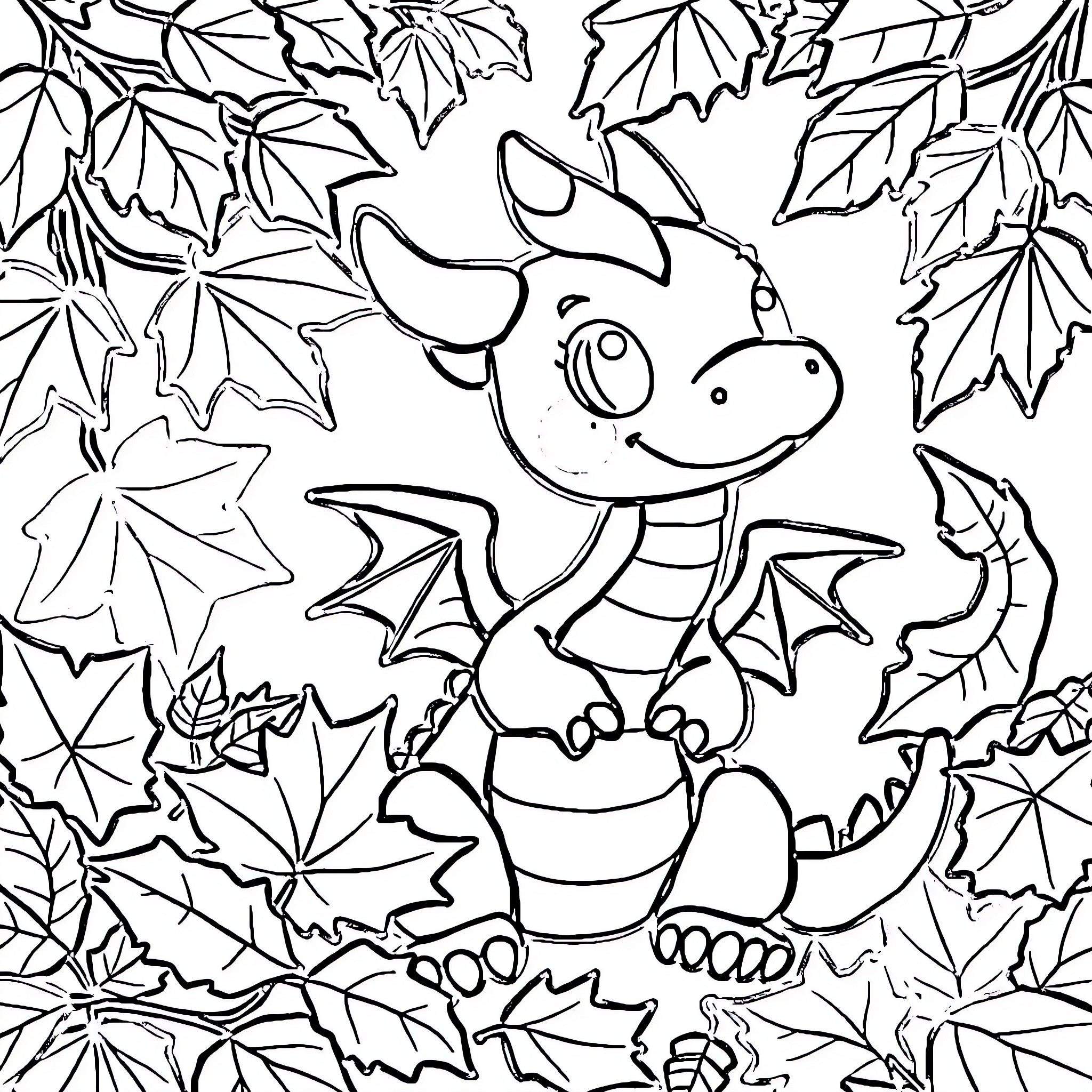 Book of Cute Dragon Among Autumn Leaves Coloring Page (free black-and-white line drawing printable PDF for all, from beginners to advanced learners, including children, teens, adults, and seniors)
