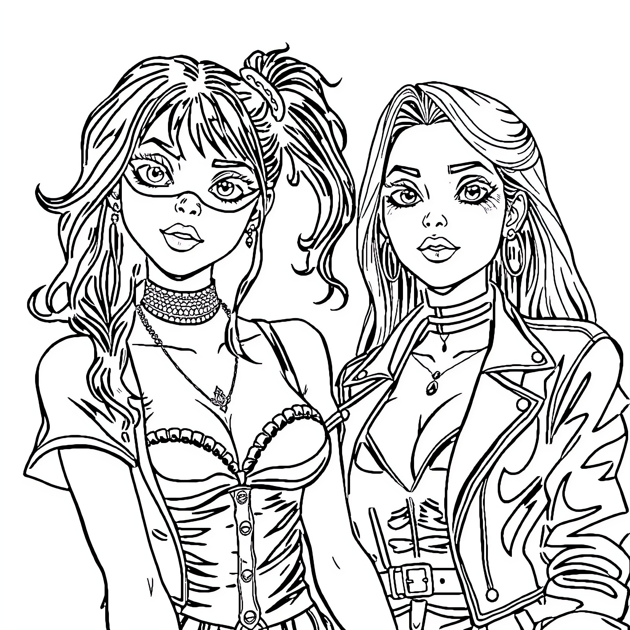 Goth Girl Friends Expressing Edgy Style Coloring Page (free black-and-white line drawing printable PDF for all, from beginners to advanced learners, including children, teens, adults, and seniors)