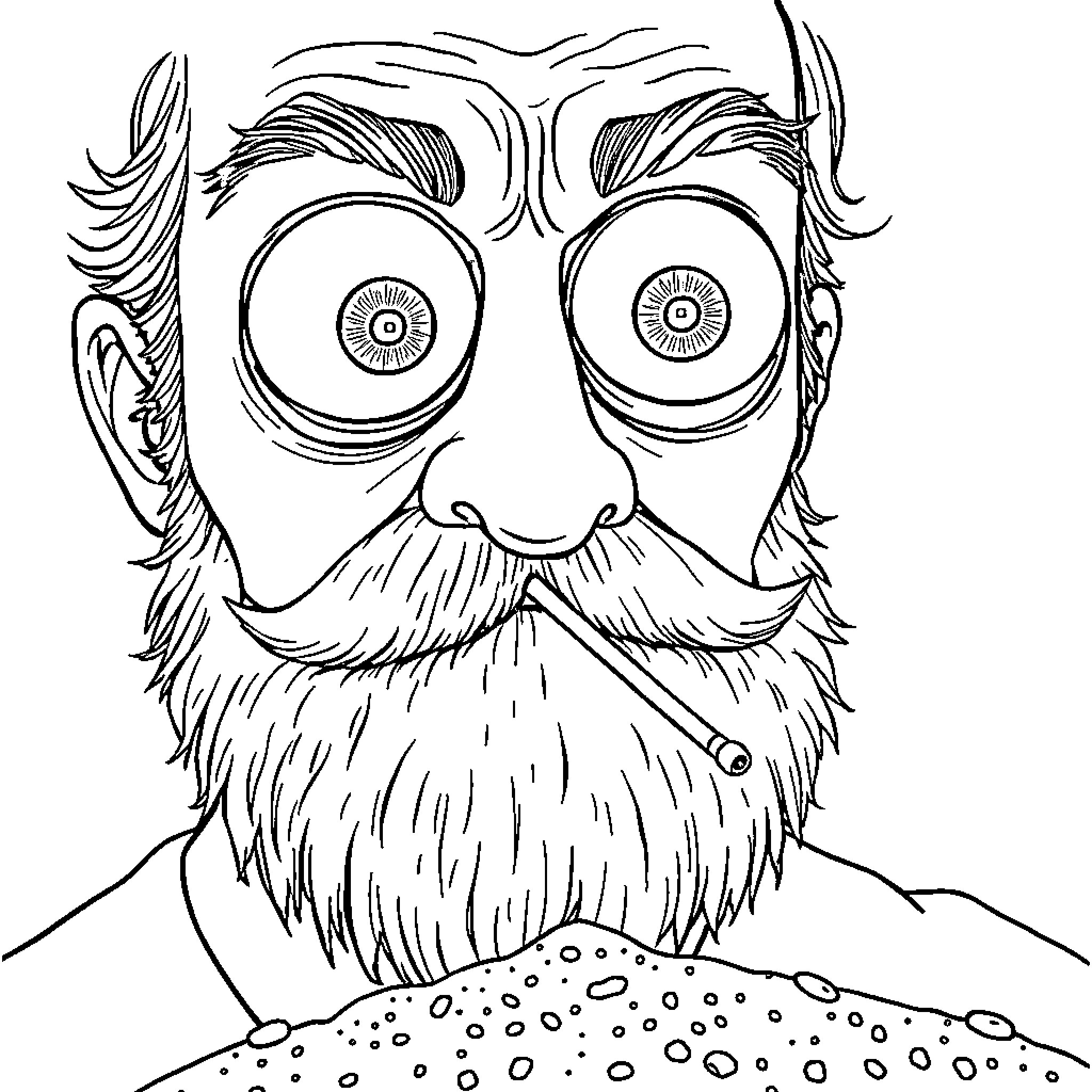 Person with big eyes and bushy beard smoking a cigar Coloring Page (free black-and-white line drawing printable PDF for all, from beginners to advanced learners, including children, teens, adults, and seniors)