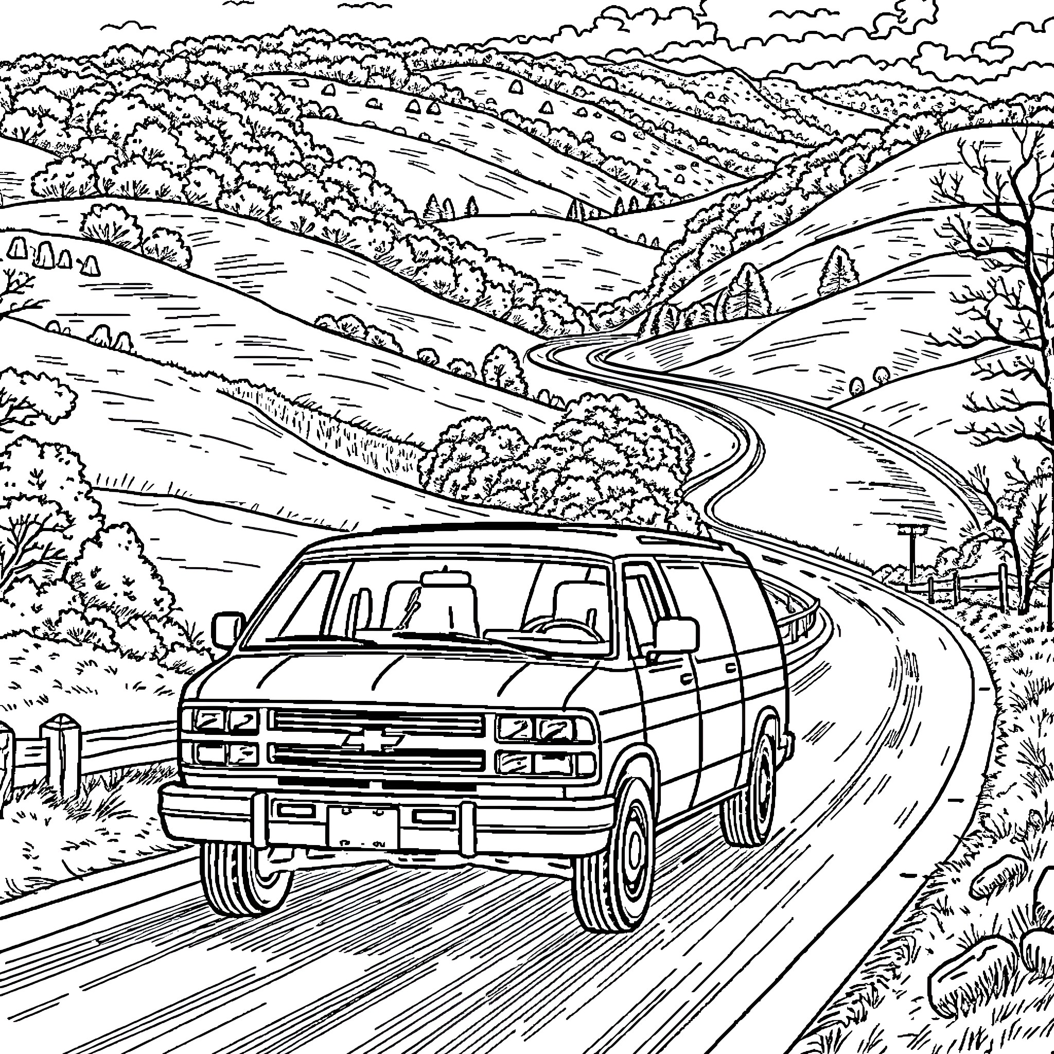 Van cruising through scenic countryside landscape Coloring Page (free black-and-white line drawing printable PDF for all, from beginners to advanced learners, including children, teens, adults, and seniors)