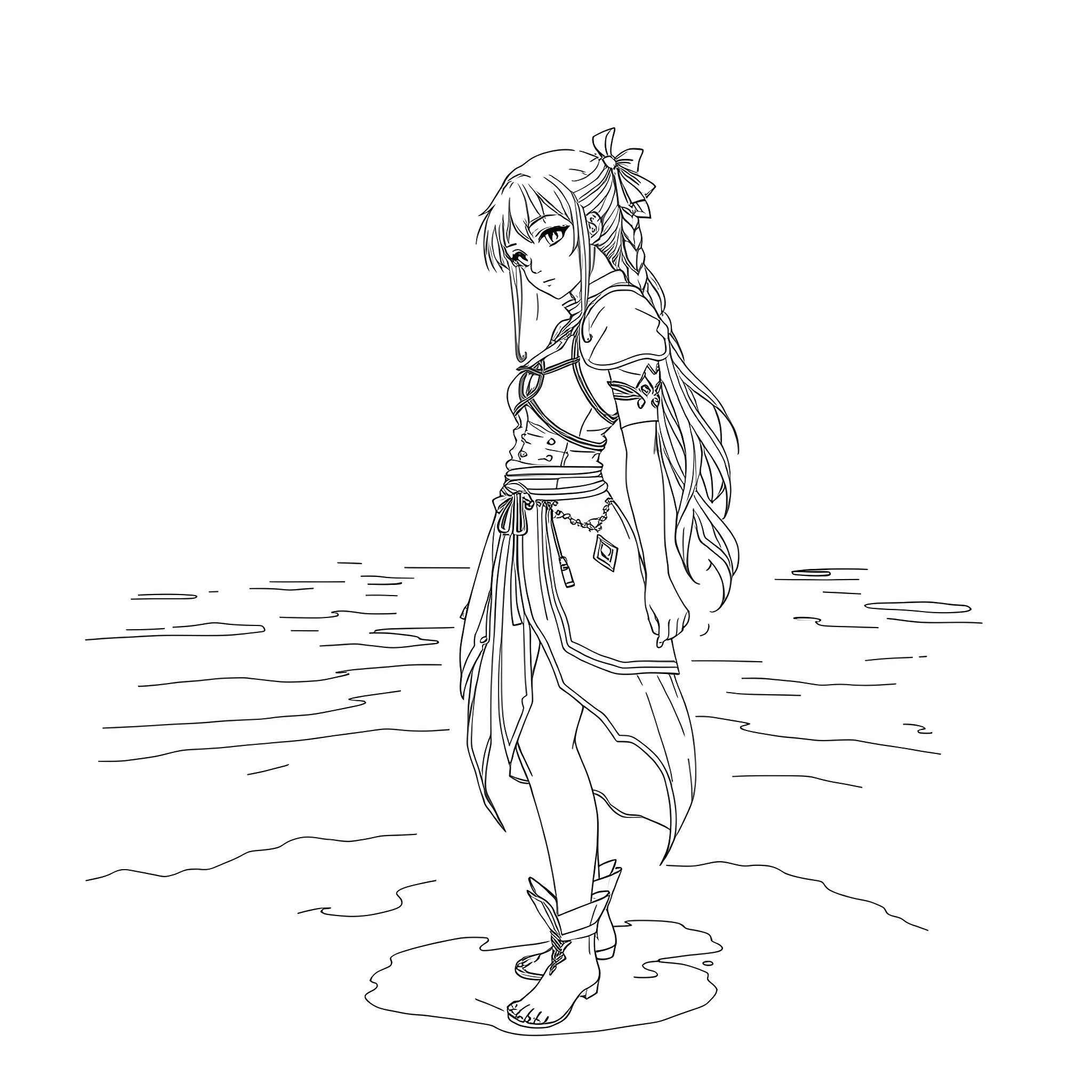 Yuna's Elegant Silhouette by the Tranquil Shoreline Coloring Page (free black-and-white line drawing printable PDF for all, from beginners to advanced learners, including children, teens, adults, and seniors)